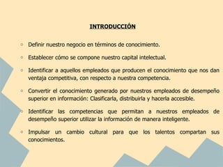 INTRODUCCIÓN


o   Definir nuestro negocio en términos de conocimiento.

o   Establecer cómo se compone nuestro capital intelectual.

o   Identificar a aquellos empleados que producen el conocimiento que nos dan
    ventaja competitiva, con respecto a nuestra competencia.

o   Convertir el conocimiento generado por nuestros empleados de desempeño
    superior en información: Clasificarla, distribuirla y hacerla accesible.

o   Identificar las competencias que permitan a nuestros empleados de
    desempeño superior utilizar la información de manera inteligente.

o   Impulsar un cambio cultural para que los talentos compartan sus
    conocimientos.
 