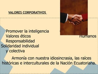 VALORES CORPORATIVOS




  Promover la inteligencia       Creatividad
  Valores éticos                            Humanos
  Responsabilidad
Solidaridad individual
  y colectiva
      Armonía con nuestra idiosincrasia, las raíces
históricas e interculturales de la Nación Ecuatoriana.
 