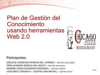 Plan de Gestión del
Conocimiento
usando herramientas
Web 2.0


Participantes:
ARMIJOS CARDENAS MARIUXI DEL CARMEN – CENTRO LAGO AGRIO
PEÑA ZHINDON MONICA DEL ROCIO – CENTRO GUAYAQUIL
RAMIREZ ARIAS DUESMAN FERNANDO – CENTRO CUENCA
                                                          No.00
VASCONEZ VERONICA – CENTRO SAN RAFAEL – CENTRO QUITO
 