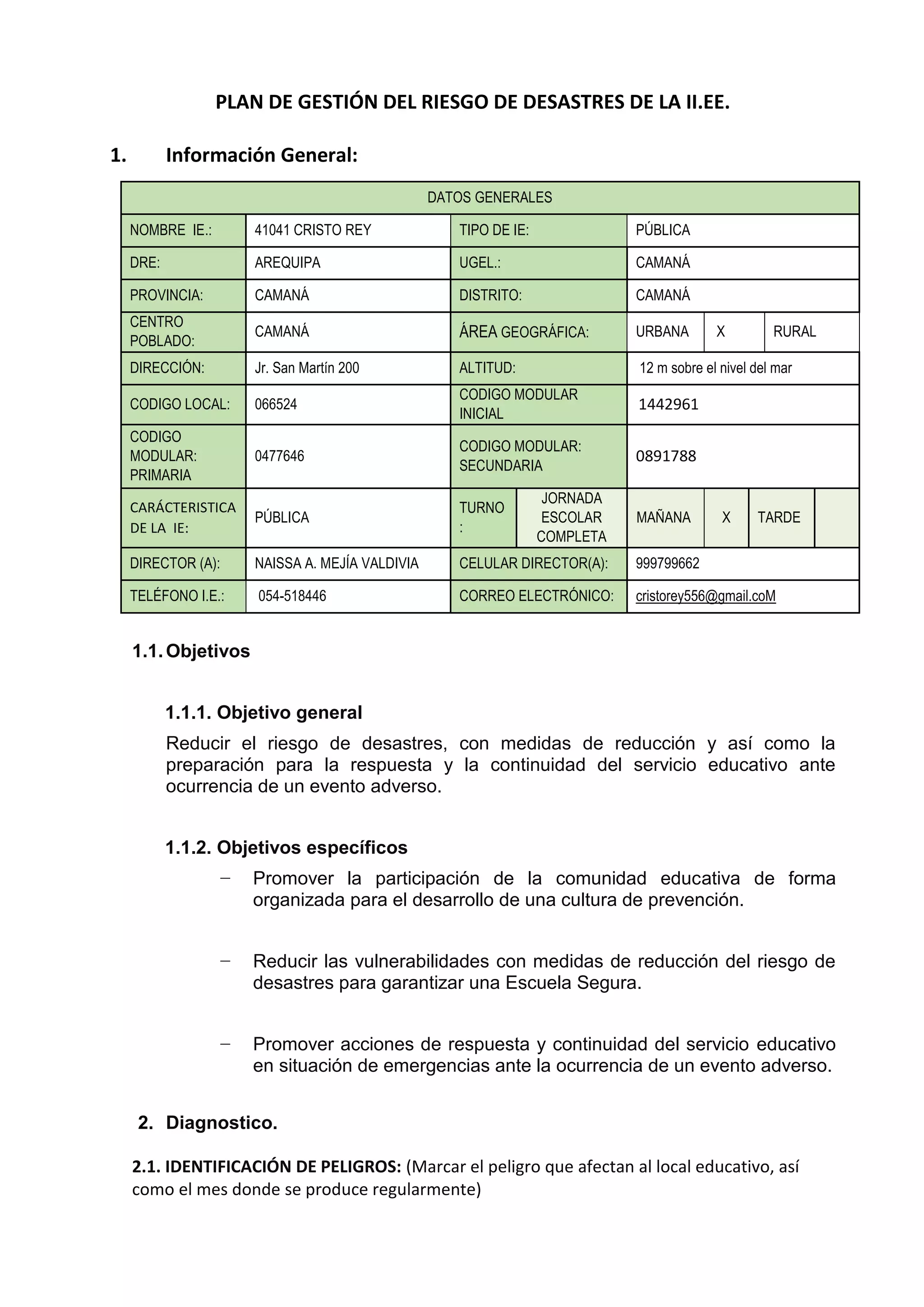 PLAN DE GESTIÓN DEL RIESGO DE DESASTRES DE LA I.E. N°41041 CRISTO REY.docx