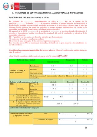 13
6. ACTIVIDADES DE CONTINGENCIA FRENTE A LLUVIAS INTENSAS E INUNDACIONES
DESCRIPCIÓN DEL ESCENARIO DE RIESGO.
La localidad de ……………., geográficamente se ubica a …….. km. de la capital de la
provincia…………….. de Región ……….., se encuentra ubicada a la margen derecha de la carretera a
Linda Linda, localidad cuya actividad económica se centra en la agricultura, durante todo el año, las
intensas lluvias durante los meses de noviembre a marzo provocan deslizamiento de tierras en la
comunidad perjudicando la agricultura e infraestructura educativa.
El personal de la IE Nª …………… de la provincia de …………… se ha visto afectada identificando 2
docentes y 6 estudiantes heridos, con afectación emocional del total de estudiantes y miembros de la
comunidad educativa.
El 1 ° pabellón con tres aulas, un almacén, afectados por la inundación.
80 cuadernos de trabajo y una laptop perdidos
El servicio de agua y desagüe de los servicios higiénicos colapsaron.
Las viviendas en un 80% se encuentran inundadas, afectando en su gran mayoría a los estudiantes en
su vida cotidiana.
Considerar las consecuencias probables del evento adverso (llenar el cuadro con los posibles daños por
tipo de peligro.)
Nota: Se debe considerar el Escenario de mayor nivel de riesgo: MUY ALTO
Daños a la vida y a la salud
Lesionados(heridos)
Desaparecidos Fallecidos
Daños a la vida y la
salud (Cantidad)
Estudiantes ( 15 ) ( 05 ) ( )
Docentes ( 03 ) ( ) ( )
Administrativos ( ) ( ) ( )
Afectación emocional: La comunidad educativa 34 entre director, docentes y
estudiantes.
Daños a la infraestructura educativa Afectado Destruido Inhabitable
EBR
INICIAL
N° Total de
Aulas
( 01 ) ( ) ( )
Dirección ( 01 ) ( ) ( )
Otros
ambientes
( ) ( ) ( )
1. La infraestructura educativa
presenta daños de consideración
que no puede seguir funcionando.
Si (X) No(
)
2. El lugar de ingreso al local escolar
se encuentra afectado (inundado
por agua o lodo).
Si ( ) No( X)
Daños al material educativo y equipos
Daños al material educativo
y equipos(Cantidad)
libro Si ( ) …………………. No ( X
)
Cuaderno de trabajo Si ( ) …………………… No ( X
)
 