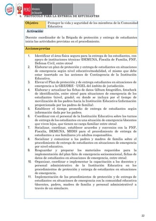 22
5. PROTOCOLO PARA LA ENTREGA DE ESTUDIANTES
Objetivo Proteger la vida y seguridad de los miembros de la Comunidad
Educativa
Activación:
Docente coordinador de la Brigada de protección y entrega de estudiantes
inicia las actividades previstas en el procedimiento.
Acciones previas
1. Identificar el área física segura para la entrega de los estudiantes, con
apoyo de instituciones técnicas (DEMUNA, Fiscalía de Familia, PNP,
Defensa Civil, entre otros)
2. Elaborar un plan de protección y entrega de estudiantes en situaciones
de emergencia según nivel educativo/modalidad, el mismo que debe
estar insertado en las acciones de Contingencia de la Institución
Educativa.
3. Elevar el Plan de protección y de entrega estudiantes en situaciones de
emergencia a la GRE/DRE - UGEL del ámbito de jurisdicción.
4. Elaborar y actualizar las fichas de datos (álbum fotográfico, fotocheck
de identificación, entre otros) para situaciones de emergencia de los
estudiantes (nivel, grado), en donde se incluya por el tiempo de
movilización de los padres hacia la Institución Educativa (información
proporcionada por los padres de familia).
5. Establecer el tiempo promedio de entrega de estudiantes según
información dada por los padres.
6. Coordinar con el personal de la Institución Educativa sobre los turnos
de entrega de los estudiantes en una situación de emergencia (docentes
que viven lejos, que tienen no carga familiar entre otros).
7. Socializar, coordinar, establecer acuerdos y convenios con la PNP,
Fiscalía, DEMUNA, MIDIS para el procedimiento de entrega de
estudiantes a sus familiares y/o adultos responsables.
8. Socializar y comunicar a los padres y madres de familia sobre el
procedimiento de entrega de estudiantes en situaciones de emergencia
por nivel educativo.
9. Resguardar y preparar los materiales requeridos para la
implementación del plan (kits de emergencia socioemocional, fichas de
datos de estudiantes en situaciones de emergencia, entre otros).
10. Organizar, coordinar e implementar la capacitación a los docentes y
personal administrativo de la Institución Educativa en los
procedimientos de protección y entrega de estudiantes en situaciones
de emergencia.
11. Implementación de los procedimientos de protección y de entrega de
estudiantes en situaciones de emergencia con la comunidad educativa
(docentes, padres, madres de familia y personal administrativo) a
través de un simulacro.
 