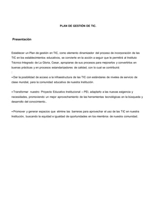 Plan de gestión de tic instituto técnico integrado la gloria cesar. | PDF