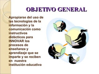 OBJETIVO GENERAL Apropiarse del uso de las tecnologías de la información y la comunicación como instructivos didácticos para INNOVAR los procesos de enseñanza y aprendizaje que se imparte y se reciben en  nuestra institución educativa  