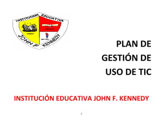 lefttop                                        PLAN DE                                                                                                                                                                                                                                      GESTIÓN DE USO DE TIC INSTITUCIÓN EDUCATIVA JOHN F. KENNEDY INSTITUCION EDUCATIVA JOHN F. KENNEDYREPELON – ATLANTICO PLAN DE GESTION EN EL USO DE LAS TIC WILMER ENRIQUE SOLAEZ ORTIZ    RECTOR LUDYS FIGUEROA PITTER COORDINADORA FERNANDO GOMEZ PATIÑO LIDER FORMADOR 2009                               TABLA DE CONTENIDOS Introducción…………………………………………………………….. 4   Equipo de Gestión en el uso de las TIC…………………….… 5   Diagnostico Institucional………………………………………….…7  Visión, Misión, propósitos y metas………………………..……9  Direccionamiento estratégico…………………………………… 13  Plan de acción…………………………………………………………….17  Seguimiento y evaluación……………………………………………21  Divulgación del plan de gestión para el uso de las TIC....22  Anexos……………………………………………………………………..…23  INTRODUCCIÓN El presente plan de gestión de uso de TIC es el producto de varios meses de arduo trabajo interdisciplinar y colaborativo de los diferentes actores de la comunidad educativa liderado por los directivos docentes, con el propósito de difundir todo el sentir y soñar de la familia Kennediense que asume el valor del uso de las Tecnologías de la información y la comunicación de modo significativo y autónomo. El plan de gestión de uso de TIC de la Institución Educativa John F. Kennedy de Repelón nace con el animo de convertirse en lineamiento para aprovechar los recursos y herramientas que le permiten estandarizar, reutilizar y mejorar los procesos de su entorno, dotándolos de calidad y mejoramiento continuo, articulándolos con el PEI y respondiendo a unas condiciones específicas de la comunidad educativa, y que además pretende fortalecer los procesos en el aula, para que los docentes  de una u otra manera se sientan comprometidos en el conocimiento y apropiación de las TIC que les contribuya a una mejor innovación. El plan está compuesto por un diagnostico, la misión, la visión, propósitos, metas, direccionamiento estratégico y el plan de acción. Estos aspectos dan cuenta de cómo está pensando la Institución Educativa para afrontar este gran reto que le ha impuesto la realidad para brindar una educación de calidad y contextualizada a las demandas de la postmodernidad. EQUIPO DE GESTIÓN        EQUIPO DE GESTIÓN DE USO DE TIC Nº NOMBRES Y APELLIDOS CARGOS CEDULA TELEFONO CORREO ELECTRONIC 1 WILMER SOLAEZ ORTIZ Rector 72.231.219 3135111849 wesosolaez@yahoo.es 2 LUDYS FIGUEROA PITTER Coordinadora 22.596.772 3017488900 gordaramona@yahoo.com 3 HERMELINDA ROSA SARMIENTO RUIZ Docente 22.596.595 3126766762 hsarmiento21@gmail.com 4 DANNYS FIGUEROA DE MAURY Docente 22.596.542 3145038043 Dannysesther1508@hotmail.com 5 WILFRIDO RAMOS MENDOZA Padre de familia 8.600.972 3126657880 6 DIEGO ANGEL RIAÑO BARRIOS Estudiante 97012000748 Diegoria0120@gmail.com 7 OSNAIDER JOSE ORTEGA MESINO Estudiante 19049333240 Osnaiderjose1904gmail 8 PEDRO PABLO SANZ RUIZ Comunidad 8.600.164  DIAGNÓSTICO INSTITUCIONAL        Gestión         Dificultades       Oportunidades           Fortalezas          Amenazas DirectivaNo existe un plan de gestión en   donde la comunidad educativa se apropie del uso de las TIC.              Poco conocimiento y uso adecuado de las TIC.             Temor para afrontar los retos de las  nuevas  tecnologías.              Carencia en la organización del aprovechamiento de los espacios en la sala de informática fuera  de la jornada escolar. Acompañamiento virtual como apoyo a la gestión Directiva para el proceso de mejoramiento en nuestra institución educativa.La participación de  los directivos docentes en el taller de temáticas. Dedicación y esfuerzo en la capacitación de temáticas a pesar de los múltiples compromisos.Múltiples compromisos con la Secretaría de Educación Departamental.Administrativa y financieraNo existe software disponible para matrícula, boletines o archivos de datos al servicio de la institución.  No se cuenta con los recursos necesarios para la compra de equipos como video beam, Portátil, o la adquisición de un plan de servicio de internet para todos los equipos y para todas las sedes.Contamos con el programa de conectividad en banda ancha ofrecido por Compartel para ocho computadores por sede.El apoyo de computadores para educar con la dotación de equipos para la sala de informática.Contamos con una sala de informática bien dotada con equipos de cómputo.Contamos con grabadoras, televisores, DVD y una planta generadora de energíaInestabilidad en el servicio de internet por parte de Compartel. Constantes cambios en el voltaje del fluido eléctrico. Las fuertes lluvias han desmejorado el servicio eléctrico en la institución  DIAGNÓSTICO INSTITUCIONAL Gestión Dificultades Oportunidades Fortalezas Amenazas Académica Las capacitaciones recibidas por algunos docentes sobre el uso de las TIC no han sido multiplicadas y no se aplican en los procesos de aprendizaje. Apatía de algunos docentes de la institución para la utilización de los recursos físicos del aula de informática en los procesos pedagógicos. Se está gestionando para la obtención de la página web y la consecución de internet para todos los equipos las 24 horas. Algunos docentes y estudiantes cuentan en sus hogares con recursos que apoyan la implementación de las TIC. Contamos con  varios Docentes capacitados en el área de informática. Los estudiantes y algunos docentes manifiestan voluntad para el aprendizaje y aplicación de las TIC. Creación de espacios para la sensibilización del aprendizaje y aplicación de las TIC. Algunas áreas se van a ver afectadas en el uso de las nuevas tecnologías, debido a la falta de conocimientos de algunos docentes  en el área de informática. Comunidad Apatía de algunos miembros de la comunidad por la actualización en nuevas tecnologías. propuesta para la creación de la escuela de padres  para poder tener una puerta de entrada y así concientizar a la comunidad de la importancia de las TIC Apoyo incondicional en todos los proyectos y programas que sean  para el mejoramiento de la institución educativa. Existe motivación para consultar y compartir información relacionada con las TIC por parte de un gran sector de la comunidad educativa. La comunidad no cuenta con el tiempo disponible para apropiarse de las TIC y además se suma a esto el uso inadecuado de los equipos. La mayoría de los padres de familia no cuentan con computadores ni servicio de Internet. En el municipio existen pocos centros de café Internet.  MISIÓN Nuestra  institución educativa  es una organización inteligente, abierta al aprendizaje y al cambio, que   forma estudiantes integrales  con una ética y moral en alto, capaces de tomar decisiones con sentido humano y científico para desempeñarse exitosamente en el campo laboral o administrativo del sector privado o estatal,  con vocación de servicio y con calidad. La Institución Educativa John F. Kennedy, Formará integralmente a jóvenes para la construcción de la convivencia ciudadana, la generación y el disfrute del pensamiento  y la preservación del medio ambiente. Para cumplir con esta misión La institución ofrece un modelo pedagógico y un currículo holístico, un equipo de docentes y directivos líderes en la formación integral con el uso de las Tecnologías de la información y la comunicación, basado en los principios de respeto Compromiso, calidad, responsabilidad, solidaridad, confianza y convivencia pacífica y afectuosa, desde la educación formal, no formal e informal en sus diferentes ciclos y grados. VISIÓN La Institución Educativa John F. Kennedy, se proyectará como institución que se compromete a ofrecer el servicio de educación con calidad, que favorezca el desarrollo de las competencias comprometidas en el ejercicio de la ciudadanía y la generación comunitaria de pensamientos de los sectores sociales.  A mediano plazo seremos una Institución Educativa dinámica, flexible, participativa, con responsabilidad social, en la que se promueva el uso y apropiación de las TIC,  dispuesta asimilar los cambios y exigencias del país y el mundo, mediante la actitud crítica  e investigativa, así como aperturista; aprovecharemos cada experiencia interna ó externa para acopiar información y conocimientos, en tal forma que estemos cada vez en mejores condiciones de importar óptima formación a nuestros matriculados respondiendo a los fines y objetivos de la Educación en Colombia.  Será una institución educativa autónoma, democrática y formadora de ciudadanos y ciudadanas librepensadores, líderes para el desempeño de competencias artísticas, tecnológicas, científicas, humanísticas, deportivas, creativas cimentadas en el respeto, la libertad, la tolerancia y con sentido de pertenencia a la comunidad educativa como generadora de conocimiento para el municipio, el país, el mundo, mejorando la calidad de vida, con sentido crítico. PROPÓSITOS Y METAS AREAS DE GESTIÓN PROPÓSITOS METAS Gestión Directiva Crear espacios y tiempos para reforzar la comunicación de experiencias para el fortalecimiento del uso de las TIC. Al año 2013 la Institución Educativa John F. Kennedy de Repelón, tendrá como eje fundamental el manejo de las TIC, en la articulación de los procesos desde las diferentes áreas de gestión, que permita el fortalecimiento de procesos pedagógicos, dinamizado a través de redes internas y externas para la consolidación de la comunidad académica. Gestión Académica Promover los trabajos colaborativos interdisciplinares para el desarrollo del conocimiento a través de las TIC con todos los maestros de las diferentes áreas del saber. Desarrollar una propuesta curricular que permita al estudiante acceder al conocimiento mediante el uso de TIC La Institución Educativa John F. Kennedy de Repelón, en el año 2013, será pionera de cambios educativos en el manejo de TIC, a nivel local y tendrá entre sus procesos la formación metodológica articulada a redes académicas interinstitucionales  y liderazgo en el desarrollo de experiencias significativas.  Gestión Administrativo - Financiera Acceder a las diferentes herramientas tecnológicas para mejorar el funcionamiento administrativo y financiera con el fin de articular cada uno de los procesos a nivel institucional.   Utilizar las Tic en los procesos administrativos agilizando y mejorando desempeños. En Noviembre de 2009 se diagnosticará el estado de los Directivos, maestros  y administrativos en el manejo de las TIC. Al iniciar el año lectivo 2010 se capacitará en el manejo de TIC a los directivos, maestros y administrativos, teniendo en cuenta el diagnóstico de estado realizado el año anterior.                                                                                          Gestión de la Comunidad Desarrollar una propuesta de formación a  la comunidad en el uso de TIC a través de la cual la institución irradie su potencial a nivel municipal. En Enero de 2010 se acompañará a la Comunidad en el uso adecuado de las TIC. Impulsar las TIC en la dinámica organizativa de la Institución Educativa John F. Kennedy y en la Zona de su influencia.  DIRECCIONAMIENTO ESTRATÉGICO Objetivos Política Institucional Líneas estratégicas Programas Proyectos Acciones inmediatas ¿Con quién se hace? Estimular y capacitar a los docentes y directivos docentes en el uso de  las Tecnologías de la información y la comunicación. Implementar el uso de las TIC en el proyecto educativo institucional Cada miembro de la comunidad educativa conviene tener  su correo electrónico como una herramienta metodológica que mejore procesos de comunicación e información. Educación centrada en la apropiación y aprovechamiento en el uso de TIC Capacitación a docentes y directivos docentes en el uso y manejo de las TIC. Apertura de cuentas de correo electrónico. Actualización del currículo mediante el uso de TIC Conociendo el buen uso de las TIC. Todos a las TIC. Mi proyecto de aula con las TIC. Haciendo buen uso de las TIC. Estimulo a los docentes y directivos docentes que participen activamente en las diferentes actividades programadas. Articulación del proyecto educativo institucional con las TIC. Sensibilización sobre la importancia y uso de las TIC. Mantenimiento preventivo y correctivo a los equipos de cómputo. Aplicación de interconectividad en la sala de informática. Uso de las cuentas de correo electrónico. Equipo de gestión. Directivos Docentes. Docentes. Docentes capacitadores  Objetivos Política Institucional Líneas estratégicas Programas Proyectos Acciones inmediatas ¿Con quién se hace? Incorporar las TIC en cada una de las áreas del conocimiento de manera proactiva en mediano y largo plazo. Orientar y desarrollar una propuesta curricular que permita al estudiante acceder al conocimiento mediante el uso de TIC Incorporación del uso de las TIC en las diferentes áreas y asignaturas del plan de estudios de la institución. Fortalecimiento de la propuesta curricular con la implementación de las TIC en las diferentes áreas del saber. Realización permanente de los procesos de formación en TIC, socialización de herramientas y sus ventajas. Optimizar los procesos de aprendizaje. Priorización de las TIC como herramienta para acceder a la cultura del conocimiento. Mejoramiento de la calidad de la educación. Programa curricular. Gestión de uso de TIC. Mantenimiento y dotación de equipos para la sala de cómputo. Capacitación y formación docente. Propuesta curricular de incorporación de estándares y desarrollo de competencias.Creación del blog institucional. Sensibilización a docentes y estudiantes sobre el uso de TIC. Ajustes a la propuesta curricular de incorporación de estándares y desarrollo de competencias. Equipo líder de gestión. Coordinador. Docentes. Estudiantes  Objetivos Política Institucional Líneas estratégicas Programas Proyectos Acciones inmediatas ¿Con quién se hace? Implementar las TIC en el área administrativa y financiera con el fin de articular cada uno de los procesos a nivel institucional. Generar mejores niveles de sistematización de la información institucional. Incorporación de uso de TIC en los diferentes procesos institucionales. Priorización de las TIC como herramienta para acceder a la sistematización de la información. Capacitación permanente. Optimizar los procesos de sistematización. Administrando con las TIC. Las TIC como herramienta financiera. Adquisición de recursos para la dotación de equipos en el área administrativa de la institución. Adquisición de recursos para la compra de software para matrícula, boletines o archivos de datos.Sensibilización de la importancia del uso de las TIC en la gestión administrativa financiera Equipo líder de gestión. Directivos docentes. Personal administrativo  Objetivos Política Institucional Líneas estratégicas Programas Proyectos Acciones inmediatas ¿Con quién se hace? Construir una propuesta de formación a la comunidad en el uso de TIC a través de la cual la institución irradie su potencial a nivel municipal. El desarrollo institucional articulado al desarrollo local. Incorporación de las TIC a los proyectos y actividades que se vienen desarrollando con la comunidad como: capacitación docente, escuela de padres, foros, seminarios, etc. Proyección comunitaria Gestión de uso de TIC Construyendo Tejido Social. Mejoramiento de la calidad educativa. Capacitación y formación docente. Autoevaluación y evaluación periódica de los avances. Sensibilización permanente. Conformación de redes de apoyo. Formación permanente en el uso de TIC. Equipo de gestión Docentes Padres de familia Comunidad en general  PLAN DE ACCIÓN GESTION DIRECTIVA  Propósito: Crear espacios y tiempos para reforzar la comunicación de experiencias para el fortalecimiento del uso de las TIC.  Oportunidad de mejoramiento N° 1: La Institución educativa John F. Kennedy de Repelón tendrá la oportunidad de fortalecer y afianzar los conocimientos en el uso de las TIC.  Resultado 1: A Febrero de 2010 la Institución John F. Kennedy de Repelón tendrá disponibilidad de 2 horas diarias de la jornada laboral para el uso de las TIC, con la comunidad educativa.  Indicador del resultado: Actores  comprometidos con el uso de las nuevas  Tecnologías de la Información y la Comunicación.  Actividades/ Sub – actividades Indicador Clave Responsable Tiempo Observaciones Organización del horario de la sala de informática complementario en horas diferentes a la jornada Escolar. Atención de la sala de informática en la jornada de la tarde. Utilización de la sala de informática, durante 2 horas diarias en la jornada de la tarde. Wilmer Solaez Ludys Figueroa Febrero de 2010 Febrero de 2010 Organizar  eventos donde se muestren las diferentes experiencias significativas del buen uso de las TIC. Formación metodológica en el uso adecuado de Las TIC. Muestra  de 2 experiencias Significativas que expresen el buen uso de las TIC. Utilización de la sala de informática durante 4 horas diarias Los Responsables de la sala de informática. Equipo Directivo. Febrero 2010 Febrero de 2010 a Diciembre de 2010  GESTIÓN ACADEMICA Propósito: Promover la investigación tecnológica y los trabajos colaborativos ínter disciplinares para el desarrollo del conocimiento a través de las TIC con los maestros y estudiantes.  Oportunidad de mejoramiento N° 1: La Comunidad educativa de la Institución educativa John F. Kennedy de Repelón se estimulará en la creatividad y en la investigación tecnológica como motores del progreso social y económico.   Resultado 1: Al finalizar el año 2009, La Institución John F. Kennedy de Repelón, tendrá fortalecida las redes pedagógicas en un 40%, entre los Maestros y estudiantes.  Indicador del resultado: Fortalecimiento de  las redes académicas y pedagógicas entre los maestros y estudiantes.  Actividades/ Sub – actividades Indicador Clave Responsable Tiempo Observaciones Creación de un blog institucional por área. Fijación de horarios para consolidar grupos de Participación en temas específicos. Inscripción de las redes con coordinación Académica. Sistematización de los procesos de participación a través de los blogger institucional. Fortalecimiento de  redes Pedagógicas internas, 1 por área. Wilmer Solaez Ludys Figueroa Comité del blog Comisión redactora Coordinación General. Equipo de Gestión de uso de TIC. Noviembre 2009 Diciembre de 2009 Abril de 2010  GESTIÓN ADMINISTRATIVA Y FINANCIERA Propósito: Acceder a las tecnologías de la información y comunicación que están al alcance de la institución.  Oportunidad de mejoramiento N° 1: Transformación y mejoramiento de los procesos implementando las TIC.  Resultado 1: La Institución John F. Kennedy de Repelón, estará sistematizada técnicamente en un 60% del proceso de implementación de uso de TIC.  Indicador del resultado: Diagnostico del estado de los Directivos, maestros, estudiantes y administrativos en el manejo de las TIC. Actividades/ Sub – actividades Indicador Clave Responsable Tiempo Observaciones Consecución de  software de notas, matricula y registro de estudiantes necesario para la Institución John F. Kennedy de Repelón. Mantenimiento permanente de equipos, aula y servicio eficiente de banda ancha. Procesos de sistematización Institucional en un 60%. Consejo Directivo, Equipo Directivo. Consejo Directivo. Al finalizar cada Año. En forma Permanente. Organización de espacios para la formación del Personal. Solicitud de las necesidades al MEN y SEDATLANTICO. Seguimiento y control de la formación brindada. 80% de personal  administrativo, directivo, y docente capacitado en el Manejo metodológico de las TIC. Equipo Directivo. Rector de la Institución. Comité de Gestión de TIC. Secretaria, Coordinación general, Comité De blog. Enero de 2010. Durante el año 2010. Mensualmente. En todo Momento. Cada semana.  GESTIÓN COMUNIDAD Y CONVIVENCIA Propósito: Construir una propuesta de formación a la comunidad en el uso de TIC a través de la cual la institución irradie su potencial a nivel municipal.  Oportunidad de mejoramiento N° 1  Resultado 1: Al finalizar el año 2010,  La Institución John F. Kennedy de Repelón entregará el 70% de los informes de gestión, organización, y proyectos a través del blog institucional.  Indicador del resultado: Acompañamiento a la Comunidad en el uso adecuado de las TIC.  Actividades/ Sub – actividades Indicador Clave Responsable Tiempo Socialización del  blogs institucional a la comunidad educativa. Entrega de informes de Gestión educativa a través del blog institucional. Publicaciones de los proyectos institucionales a través del blog institucional. Publicación del proyecto de Gestión y organización de la  Institución John F. Kennedy de Repelón por Internet. Publicar en el Blog institucional resultados, informes, procesos de La Institución John F. Kennedy de Repelón. 40% de entrega de informes de gestión, organización, proyectos en Internet del año 2009. 70% de entrega de informes de gestión, organización, proyectos en Internet del año 2010. Equipo Directivo. Comité de Gestión TIC. Rector y Coordinación. Comité blog. Diciembre de 2009. Diciembre de 2010 Participación de foros educativos. Organización del foro educativo Municipal sobre el proceso pedagógico del uso metodológico de las TIC. Convocatoria de participación a padres de familia, maestros y estudiantes. Conclusiones del foro publicado en el blog. Convocatoria en  foros educativos pedagógicos a la comunidad Educativa. (1 por año). Comité de Gestión TIC, Coordinadora Mayo 2010 Septiembre de 2010  SEGUIMIENTO Y EVALUACIÓN Para determinar si el plan de gestión cumple con los objetivos y metas propuestas, es conveniente definir los criterios bajo los cuales se valorará su efecto real en cada una de las gestiones donde se adelantan procesos. Como criterios mínimos a considerar en la evaluación se tendrán en cuenta:  La Identidad, Coherencia, Pertinencia, Integridad, Eficiencia, Eficacia y Medición. La ejecución del plan de gestión de apropiación y uso de las TIC se llevará a cabo aplicando de manera continua y sistemática las siguientes estrategias:   - Contrastación de las metas propuestas con los logros alcanzados en cada periodo académico que permita identificar el avance en la apropiación y uso de las TIC y las dificultades, para introducir las correcciones o ajustes a que haya lugar. Los órganos del gobierno escolar según su competencia, y sus funciones a partir de los resultados de cada revisión periódica ejercerán los controles necesarios y sugerirán las alternativas pertinentes en cada caso.    - El equipo de gestión debe estar motivando, impulsando y revisando continuamente el desarrollo de las tecnologías de la información y la comunicación con que cuenta la Institución y así observar que tanto satisface las demandas de los integrantes de la comunidad educativa para la realización de sus actividades cotidianas y como distribuyen sus actividades frente al tiempo, las estrategias para su conservación reparación o sustitución de daños o equipos de tal forma que se permita mantener siempre en optimas condiciones la infraestructura con que actualmente se cuenta. DIVULGACIÓN DEL PLAN DE GESTIÓN PARA EL USO DE LAS TIC El plan de gestión para el uso de las TIC será divulgado por medio de:     Carteleras, boletines informativos, plegables,  Folletos, periódico escolar, carteleras, pendones.  Correos electrónicos.  Blogs  Reuniones con el consejo Directivo  Reuniones con el consejo Académico  Reuniones con el consejo Estudiantil  Asamblea de docentes  Reuniones con la Junta de padres de familia  Asamblea de estudiantes  Asamblea de padres de familia  REFLEXIÓN No confundas un fracaso en la vida  con la derrota final. Sí tienes fe verás un sol esplendoroso donde un pesimista sólo verá nubes de lluvia. 