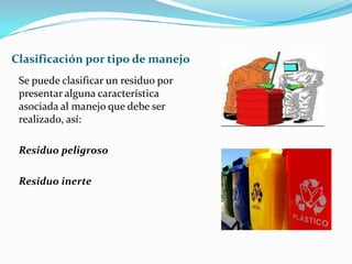 Clasificación por tipo de manejo Se puede clasificar un residuo por presentar alguna característica asociada al manejo que debe ser realizado, así: Residuo peligrosoResiduo inerte
