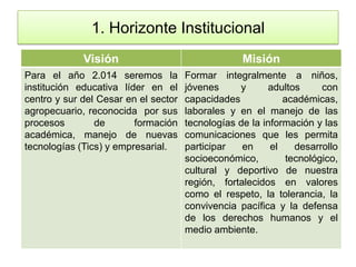1. Horizonte Institucional
             Visión                                Misión
Para el año 2.014 seremos la         ...