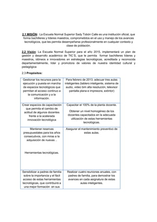 2.1 MISIÓN: La Escuela Normal Superior Sady Tobón Calle es una institución oficial, que
 forma bachilleres y líderes maestros, comprometidos en el uso y manejo de los avances
  tecnológicos, que les permita desempeñarse profesionalmente en cualquier contexto y
                                   clase de población.

2.2 Visión: La Escuela Normal Superior para el año 2015, implementará un plan de
gestión y desarrollo académico de TIC´S, que le permita formar bachilleres líderes y
maestros, idóneos e innovadores en estrategias tecnológicas, acreditada y reconocida
departamentalmente, líder y promotora de valores de nuestra identidad cultural y
pedagógica

2.3 Propósitos:

Gestionar los recursos para la      Para febrero de 2013, adecuar tres aulas
ejecución y puesta en marcha       inteligentes (tablero inteligente, sistema de
de espacios tecnológicos que        audio, video bim alta resolución, televisor
permitan el acceso continuo a          pantalla plana e impresora, extintor)
    la comunicación y a la
         información.

Crear espacios de capacitación      Capacitar el 100% de la planta docente.
   que permita el cambio de
 actitud de algunos docentes          Obtener un nivel homogéneo de los
     frente a la acelerada           docentes capacitados en la adecuada
    innovación tecnológica             utilización de estas herramientas
                                                  tecnológicas.

      Mantener reservas            Asegurar el mantenimiento preventivo de
 presupuestales para los años                   estas aulas.
 consecutivos, con miras a la
   adquisición de nuevas ..



  Herramientas tecnológicas.




Sensibilizar a padres de familia    Realizar cuatro reuniones anuales, con
 sobre la importancia y el fácil     padres de familia, para demostrar los
acceso de estas herramientas         avances en cada asignatura de estas
tecnológicas, que contribuirá a               aulas inteligentes.
 una mejor formación en sus
 