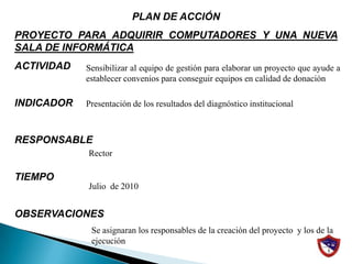PLAN DE ACCIÓNPROYECTO PARA ADQUIRIR COMPUTADORES Y UNA NUEVA SALA DE INFORMÁTICAACTIVIDADINDICADORRESPONSABLETIEMPOOBSERVACIONESSensibilizar al equipo de gestión para elaborar un proyecto que ayude a establecer convenios para conseguir equipos en calidad de donaciónPresentación de los resultados del diagnóstico institucionalRectorJulio  de 2010Se asignaran los responsables de la creación del proyecto  y los de la ejecución