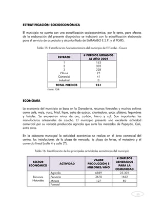 ESTRATIFICACIÓN SOCIOECONÓMICA

El municipio no cuenta con una estratificación socioeconómica, por lo tanto, para efectos
de la elaboración del presente diagnóstico se trabajará con la estratificación elaborada
para el servicio de acueducto y alcantarillado de EMTAMBO E.S.P. y el PGIRS.

            Tabla 15: Estratificación Socioeconómica del municipio de El Tambo - Cauca

                                                   # PREDIOS URBANOS
                               ESTRATO
                                                      AL AÑO 2004
                                   1                       163
                                   2                       302
                                   3                       228
                                Oficial                    27
                               Comercial                   41
                               Industrial                   0
                             TOTAL PREDIOS                   761
                     Fuente: PGIR


     
ECONOMÍA

La economía del municipio se basa en la Ganadería, recursos forestales y muchos cultivos
como café, maíz, yuca, frijol, fique, caña de azúcar, chontaduro, yuca, plátano, legumbres
y frutales. Se encuentran minas de oro, carbón, hierro y cal. Son importantes las
manufacturas artesanales de caucho. El municipio presenta una excelente actividad
comercial por su variada producción agrícola que surte los mercados de Popayán, Cali,
entre otros.

En la cabecera municipal la actividad económica se realiza en el área comercial del
centro, las instalaciones de la plaza de mercado, la plaza de ferias, el matadero y el
comercio lineal (calle 4 y calle 2ª). 
 
          Tabla 16: Identificación de las principales actividades económicas del municipio

                                                                               # EMPLEOS
                                                          VALOR
          SECTOR                                                              GENERADOS
                                    ACTIVIDAD         PRODUCCIÓN $
        ECONÓMICO                                                               PARA LA
                                                      MILLONES/AÑO
                                                                              COMUNIDAD
                        Agrícola                             6889                23.301
         Recursos       Pecuaria                             3670                 1652
         Naturales      Minera                                127                  69
                        Forestal


                                                                                              39
     
 