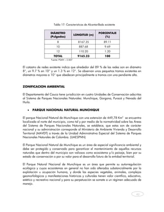Tabla 17: Características de Alcantarillado existente


                     DIÁMETRO                                 PORCENTAJE
                                             LONGITUD (m)
                     (Pulgadas)                                  (%)
                           8                   8167.35             89.11
                          10                    887.68              9.69
                          12                    110.20              1.20
                        TOTAL                  9165.23              100
                      Fuente: PSMV – 2.007


El catastro de redes existente indica que alrededor del 89 % de las redes son en diámetro
8", un 9.7 % en 10" y un 1.3 % en 12". Se observan unos pequeños tramos existentes en
diámetros mayores a 10" que obedecen principalmente a tramos con una pendiente alta. 
 

ZONIFICACION AMBIENTAL

El Departamento del Cauca tiene jurisdicción en cuatro Unidades de Conservación adscritas
al Sistema de Parques Nacionales Naturales: Munchique, Gorgona, Puracé y Nevado del
Huila.

    •   PARQUE NACIONAL NATURAL MUNCHIQUE
     
El parque Nacional Natural de Munchique con una extensión de 449,78 Km2 se encuentra
localizada al norte del municipio, como tal y por medio de la normatividad sobre las Áreas
del Sistema de Parques Nacionales Naturales, se establece, que estas son de carácter
nacional y su administración corresponde al Ministerio de Ambiente Vivienda y Desarrollo
Territorial (MAVDT) a través de la Unidad Administrativa Especial del Sistema de Parques
Nacionales Naturales de Colombia. (UAESPNN)

El Parque Nacional Natural de Munchique es un área de especial significancia ambiental y
debe ser protegido y conservado para garantizar el mantenimiento de aquellos recursos
naturales que dentro del municipio son valiosos como ecosistema y/o paisaje, bien por su
estado de conservación o por su valor para el desarrollo futuro de la entidad territorial.

El Parque Natural Nacional de Munchique es un área que permite su autorregulación
ecológica y cuyos ecosistemas en general no han sido alterados substancialmente por la
explotación u ocupación humana, y donde las especies vegetales, animales, complejos
geomorfológicos y manifestaciones históricas y culturales tienen valor científico, educativo,
estético y recreativo nacional y para su perpetuación se somete a un régimen adecuado de
manejo.


                                                                                         42
     
 