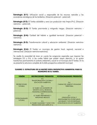 Estrategia (E-1): Utilización social y responsable de los recursos naturales y los
ecosistemas estratégicos de los tambeños. (Situación potencial – potencial).

Estrategia (E-2): El Tambo saludable y sano con producción más limpia (P+L). (Situación
restrictivo – potencial).

Estrategia (E-3): El Tambo previniendo y mitigando riesgos. (Situación restrictivo –
potencial).

Estrategia (E-4): Calidad del hábitat e igualdad territorial. (Situación potencial –
restrictivo).

Estrategia (E-5): Transformación cultural y educación ambiental. (Situación restrictivo-
restrictivo).

Estrategia (E-6): El Tambo un municipio de gestión local, regional, nacional e
internacional. (Situación restrictivo-restrictivo).

Se resalta la necesidad de tener en cuenta las exigencias especiales que imponen las
estrategias E-5 y E-6, a las cuales habrá que prestar mayor atención, si se quiere
transformar positivamente el contexto ambiental y social en el municipio de El Tambo. En la
se presenta la estructura completa de la dofa prospectiva ambiental municipal.


  CUADRO 5: ESTRUCTURA DE LA MATRÍZ DOFA PROSPECTIVA AMBIENTAL PARA EL
                         MUNICIPIO DE EL TAMBO.


       VISIÓN          RESTRICCIONES PRESENTES          POTENCIALIDADES PRESENTES
                                  E-5:
                       TRANSFORMACIÓN CULTURAL Y
                          EDUCACIÓN AMBIENTAL                         E-4:
   RESTRICCIONES                                         CALIDAD DEL HÁBITAT E IGUALDAD
      FUTURAS                      E-6:                           TERRITORIAL
                        EL TAMBO UN MUNICIPIO DE
                        GESTIÓN LOCAL, REGIONAL,
                        NACIONAL E INTERNACIONAL
                                   E-3:
                         EL TAMBO PREVINIENDO Y                        E-1:
                            MITIGANDO RIESGOS                 UTILIZACIÓN SOCIAL Y
  POTENCIALIDADES
                                                          RESPONSABLE DE LOS RECURSOS
      FUTURAS
                                   E-2:                   NATURALES Y LOS ECOSISTEMAS
                     EL TAMBO SALUDABLE Y SANO CON       ESTRATÉGICOS DE LOS TAMBEÑOS
                        PRODUCCIÓN MÁS LIMPIA (P+L)




                                                                                       56



    
 