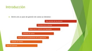 Introducción
 Dentro de un plan de gestión de costos se detallan:
Nivel de exactitud
Unidades de medida
Enlaces con los procedimientos de la organización
Umbrales de control
Reglas para la medición del desempeño
Formatos de los informes
Descripciones de los procesos
 
