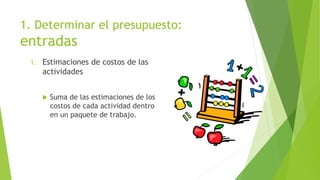 1. Determinar el presupuesto:
entradas
1. Estimaciones de costos de las
actividades
 Suma de las estimaciones de los
costos de cada actividad dentro
en un paquete de trabajo.
 