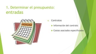 1. Determinar el presupuesto:
entradas
6. Contratos
 Información del contrato
 Costos asociados especificados
 