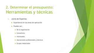 2. Determinar el presupuesto:
Herramientas y técnicas
3. Juicio de Expertos
 Experiencia en las áreas de aplicación
 Pueden ser:
 De la organización
 Consultores
 Interesados
 Asociaciones profesionales y técnicas
 Grupos industriales
 