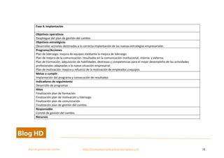  
Plan	
  de	
  gestion	
  del	
  cambio	
  	
  	
  	
  	
  	
  	
  	
  	
  	
  	
  	
  	
  	
  	
  	
  	
  	
  	
  	
  	
  	
  	
  	
  	
  	
  	
  	
  	
  	
  	
  	
  	
  	
  https://competenciasdirectivas.wordpress.com	
   16	
  
	
  
	
  
Fase	
  4.	
  Implantación	
  
	
  
Objetivos	
  operativos	
  
Despliegue	
  del	
  plan	
  de	
  gestión	
  del	
  cambio	
  
Objetivos	
  estratégicos	
  
Desarrollar	
  acciones	
  destinadas	
  a	
  la	
  correcta	
  implantación	
  de	
  las	
  nuevas	
  estrategias	
  empresariales	
  
Programa/Acciones	
  
Plan	
  de	
  liderazgo:	
  mejora	
  de	
  equipos	
  mediante	
  la	
  mejora	
  de	
  liderazgo	
  
Plan	
  de	
  mejora	
  de	
  la	
  comunicación:	
  resultados	
  en	
  la	
  comunicación	
  institucional,	
  interna	
  	
  y	
  externa.	
  
Plan	
  de	
  Formación:	
  adquisición	
  de	
  habilidades,	
  destrezas	
  y	
  competencias	
  para	
  el	
  mejor	
  desempleño	
  de	
  las	
  actividades	
  
profesionales	
  adaptadas	
  a	
  la	
  nueva	
  situación	
  empresarial	
  
Plan	
  de	
  motivación:	
  mejora	
  y	
  refuerzo	
  de	
  la	
  motivación	
  de	
  empleados	
  y	
  equipos	
  
Metas	
  a	
  cumplir	
  
Implantación	
  del	
  programa	
  y	
  consecución	
  de	
  resultados	
  
Indicadores	
  de	
  seguimiento	
  
Desarrollo	
  de	
  programas	
  
Hitos	
  
Finalización	
  plan	
  de	
  formación	
  
Finalización	
  plan	
  de	
  motivación	
  y	
  liderazgo	
  
Finalización	
  plan	
  de	
  comunicación	
  
Finalización	
  plan	
  de	
  gestión	
  del	
  cambio.	
  
Responsable	
  
Comité	
  de	
  gestión	
  del	
  cambio.	
  
Recursos	
  
 