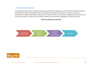 
Plan	
  de	
  gestion	
  del	
  cambio	
  	
  	
  	
  	
  	
  	
  	
  	
  	
  	
  	
  	
  	
  	
  	
  	
  	
  	
  	
  	
  	
  	
  	
  	
  	
  	
  	
  	
  	
  	
  	
  	
  	
  https://competenciasdirectivas.wordpress.com	
   50	
  
	
  
2.	
  IMPLANTACIÓN	
  Y	
  DESARROLLO	
  
La	
  implantación	
  y	
  desarrollo	
  de	
  los	
  planes	
  de	
  carrera	
  una	
  vez	
  diseñados	
  y	
  aprobados	
  se	
  realizará	
  de	
  manera	
  gradual	
  en	
  todos	
  los	
  
departamentos	
  y	
  puestos	
  de	
  la	
  empresa.	
  Serán	
  responsables	
  de	
  su	
  implantación	
  los	
  puestos	
  con	
  personas	
  a	
  su	
  cargo.	
  Se	
  
desarrollará	
  por	
  niveles,	
  implantándose	
  primeramente	
  en	
  mandos	
  directivos	
  y	
  puestos	
  claves,	
  desplegándose	
  poco	
  a	
  poco	
  por	
  los	
  
puestos	
  de	
  la	
  empresa.	
  La	
  extensión	
  a	
  otros	
  niveles	
  se	
  deberá	
  hacer	
  cuando	
  estén	
  consolidados	
  en	
  los	
  primeros	
  niveles	
  
Etapas	
  de	
  implantación	
  y	
  desarrollo.	
  
	
  
	
  
	
  
implantación	
  
puestos	
  medios	
  
implantación	
  
puestos	
  
técnicos	
  
implantación	
  
puestos	
  
administraxvos	
  
desarrollo	
  
 