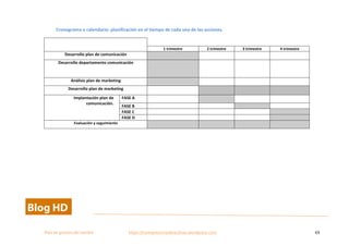  
Plan	
  de	
  gestion	
  del	
  cambio	
  	
  	
  	
  	
  	
  	
  	
  	
  	
  	
  	
  	
  	
  	
  	
  	
  	
  	
  	
  	
  	
  	
  	
  	
  	
  	
  	
  	
  	
  	
  	
  	
  	
  https://competenciasdirectivas.wordpress.com	
   63	
  
	
  
Cronograma	
  o	
  calendario:	
  planificación	
  en	
  el	
  tiempo	
  de	
  cada	
  una	
  de	
  las	
  acciones.	
  
	
  
1	
  trimestre	
   2	
  trimestre	
   3	
  trimestre	
   4	
  trimestre	
  
Desarrollo	
  plan	
  de	
  comunicación	
   	
   	
   	
   	
  
Desarrollo	
  departamento	
  comunicación	
   	
   	
   	
   	
  
Análisis	
  plan	
  de	
  marketing	
   	
   	
   	
   	
  
Desarrollo	
  plan	
  de	
  marketing	
   	
   	
   	
   	
  
Implantación	
  plan	
  de	
  
comunicación.	
  	
  
FASE	
  A	
   	
   	
   	
   	
  
FASE	
  B	
   	
   	
   	
   	
  
FASE	
  C	
   	
   	
   	
   	
  
FASE	
  D	
   	
   	
   	
   	
  
Evaluación	
  y	
  seguimiento	
   	
   	
   	
   	
  
	
  
	
  
	
   	
  
 