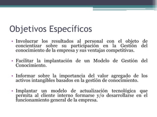 Objetivos Específicos
• Involucrar los resultados al personal con el objeto de
  concientizar sobre su participación en la Gestión del
  conocimiento de la empresa y sus ventajas competitivas.

• Facilitar la implantación de un Modelo de Gestión del
  Conocimiento.

• Informar sobre la importancia del valor agregado de los
  activos intangibles basados en la gestión de conocimiento.

• Implantar un modelo de actualización tecnológica que
  permita al cliente interno formarse y/o desarrollarse en el
  funcionamiento general de la empresa.
 