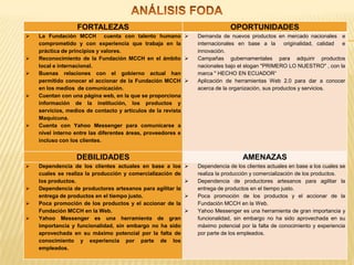FORTALEZAS                                                 OPORTUNIDADES
   La Fundación MCCH cuenta con talento humano                Demanda de nuevos productos en mercado nacionales e
    comprometido y con experiencia que trabaja en la            internacionales en base a la       originalidad, calidad e
    práctica de principios y valores.                           innovación.
   Reconocimiento de la Fundación MCCH en el ámbito           Campañas gubernamentales para adquirir productos
    local e internacional.                                      nacionales bajo el slogan "PRIMERO LO NUESTRO" , con la
   Buenas relaciones con el gobierno actual han                marca " HECHO EN ECUADOR“
    permitido conocer el accionar de la Fundación MCCH         Aplicación de herramientas Web 2.0 para dar a conocer
    en los medios de comunicación.                              acerca de la organización, sus productos y servicios.
   Cuentan con una página web, en la que se proporciona
    información de la institución, los productos y
    servicios, medios de contacto y artículos de la revista
    Maquicuna.
   Cuenta con Yahoo Messenger para comunicarse a
    nivel interno entre las diferentes áreas, proveedores e
    incluso con los clientes.


                  DEBILIDADES                                                     AMENAZAS
   Dependencia de los clientes actuales en base a los         Dependencia de los clientes actuales en base a los cuales se
    cuales se realiza la producción y comercialización de       realiza la producción y comercialización de los productos.
    los productos.                                             Dependencia de productores artesanos para agilitar la
   Dependencia de productores artesanos para agilitar la       entrega de productos en el tiempo justo.
    entrega de productos en el tiempo justo.                   Poca promoción de los productos y el accionar de la
   Poca promoción de los productos y el accionar de la         Fundación MCCH en la Web.
    Fundación MCCH en la Web.                                  Yahoo Messenger es una herramienta de gran importancia y
   Yahoo Messenger es una herramienta de gran                  funcionalidad, sin embargo no ha sido aprovechada en su
    importancia y funcionalidad, sin embargo no ha sido         máximo potencial por la falta de conocimiento y experiencia
    aprovechada en su máximo potencial por la falta de          por parte de los empleados.
    conocimiento y experiencia por parte de los
    empleados.
 
