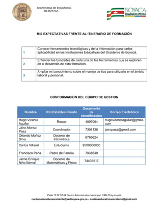SECRETARÍA DE EDUCACION
                 DE BOYACA




             MIS EXPECTATIVAS FRENTE AL ITINERARIO DE FORMACIÓN



             Conocer herramientas tecnológicas y de la información para darles
   1         aplicabilidad en las Instituciones Educativas del Occidente de Boyacá.

             Entender las bondades de cada una de las herramientas que se exploren
   2         en el desarrollo de esta formación.

             Ampliar mi conocimiento sobre el manejo de tics para utilizarlo en el ámbito
   3         laboral y personal.




                       CONFORMACION DEL EQUIPO DE GESTION


                                                    Documento
    Nombre          Rol Establecimiento                  de                  Correo Electrónico
                                                   Identificación
Hugo Vicente                                                             hugovicenteaguilar@gmail.
                             Rector                    4097064
Aguilar                                                                  com
Jairo Alonso
                         Coordinador                   7304138           jairopaez@gmail.com
Paez
Orlando Muñoz             Docente de
                                                       6766624
Silva                     Informática
Carlos Villamil            Estudiante               9509000000

Francisco Peña         Padre de Familia                7938640
Jaime Enrique           Docente de
                                                      74433517
Niño Bernal         Matemáticas y Física




                     Calle 17 Nº 57-14 Centro Administrativo Municipal, CAM,Chiquinquirá
         nucleoseducativosoccidente@sedboyaca.gov.co – nucleoseducativosoccidente@gmail.com
 