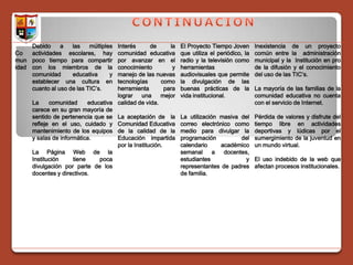 Debido     a   las    múltiples  Interés       de      la   El Proyecto Tiempo Joven       Inexistencia de un proyecto
Co   actividades escolares, hay       comunidad educativa        que utiliza el periódico, la   común entre la administración
mun poco tiempo para compartir        por avanzar en el          radio y la televisión como     municipal y la Institución en pro
idad con los miembros de la           conocimiento           y   herramientas                   de la difusión y el conocimiento
     comunidad      educativa      y  manejo de las nuevas       audiovisuales que permite      del uso de las TIC’s.
     establecer una cultura en        tecnologías       como     la divulgación de las
     cuanto al uso de las TIC’s.      herramienta         para   buenas prácticas de la         La mayoría de las familias de la
                                      lograr    una     mejor    vida institucional.            comunidad educativa no cuenta
      La     comunidad      educativa calidad de vida.                                          con el servicio de Internet.
      carece en su gran mayoría de
      sentido de pertenencia que se La aceptación de la          La utilización masiva del      Pérdida de valores y disfrute del
      refleje en el uso, cuidado y Comunidad Educativa           correo electrónico como        tiempo libre en actividades
      mantenimiento de los equipos de la calidad de la           medio para divulgar la         deportivas y lúdicas por el
      y salas de informática.         Educación impartida        programación          del      sumergimiento de la juventud en
                                      por la Institución.        calendario     académico       un mundo virtual.
      La Página Web de la                                        semanal      a  docentes,
      Institución     tiene     poca                             estudiantes             y      El uso indebido de la web que
      divulgación por parte de los                               representantes de padres       afectan procesos institucionales.
      docentes y directivos.                                     de familia.
 