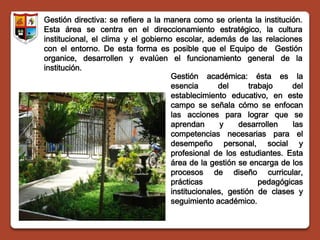 Gestión directiva: se refiere a la manera como se orienta la institución.
Esta área se centra en el direccionamiento estratégico, la cultura
institucional, el clima y el gobierno escolar, además de las relaciones
con el entorno. De esta forma es posible que el Equipo de Gestión
organice, desarrollen y evalúen el funcionamiento general de la
institución.
                                     Gestión académica: ésta es la
                                     esencia       del      trabajo    del
                                     establecimiento educativo, en este
                                     campo se señala cómo se enfocan
                                     las acciones para lograr que se
                                     aprendan       y   desarrollen     las
                                     competencias necesarias para el
                                     desempeño personal, social y
                                     profesional de los estudiantes. Esta
                                     área de la gestión se encarga de los
                                     procesos de diseño curricular,
                                     prácticas                 pedagógicas
                                     institucionales, gestión de clases y
                                     seguimiento académico.
 