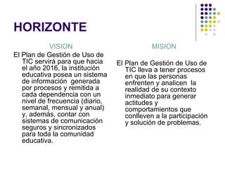 HORIZONTE
             VISION                           MISION
El Plan de Gestión de Uso de
   TIC servirá para que hacia     El Plan de Gestión de Uso de
   el año 2016, la institución       TIC lleva a tener procesos
   educativa posea un sistema        en que las personas
   de información generada           enfrenten y analicen la
   por procesos y remitida a         realidad de su contexto
   cada dependencia con un           inmediato para generar
   nivel de frecuencia (diario,      actitudes y
   semanal, mensual y anual)         comportamientos que
   y, además, contar con             conlleven a la participación
   sistemas de comunicación          y solución de problemas.
   seguros y sincronizados
   para toda la comunidad
   educativa.
 