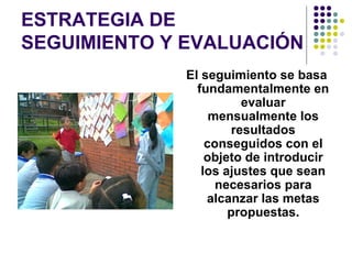 ESTRATEGIA DE
SEGUIMIENTO Y EVALUACIÓN
              El seguimiento se basa
                fundamentalmente en
                         evaluar
                   mensualmente los
                       resultados
                  conseguidos con el
                  objeto de introducir
                 los ajustes que sean
                    necesarios para
                  alcanzar las metas
                      propuestas.
 