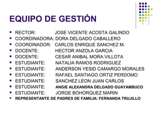 EQUIPO DE GESTIÓN
   RECTOR:       JOSE VICENTE ACOSTA GALINDO
   COORDINADORA: DORA DELGADO CABALLERO
   COORDINADOR: CARLOS ENRIQUE SANCHEZ M.
   DOCENTE:      HECTOR ANZOLA GARCIA
   DOCENTE:      CESAR ANIBAL MORA VILLOTA
   ESTUDIANTE:   NATALIA RAMOS RODRIGUEZ
   ESTUDIANTE:   ANDERSON YESID CAMARGO MORALES
   ESTUDIANTE:   RAFAEL SANTIAGO ORTIZ PERDOMO
   ESTUDIANTE:   SANCHEZ LEON JUAN CARLOS
   ESTUDIANTE:   ANGIE ALEXANDRA DELGADO GUAYAMBUCO
   ESTUDIANTE:   JORGE BOHORQUEZ MARIN
   REPRESENTANTE DE PADRES DE FAMILIA: FERNANDA TRUJILLO
 