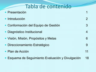  Tabla de contenidoPresentación1Introducción2Conformación del Equipo de Gestión3Diagnóstico Institucional4Visión, Misión, Propósitos y Metas6Direccionamiento Estratégico9Plan de Acción11Esquema de Seguimiento Evaluación y Divulgación18