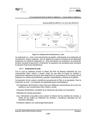 ACTUALIZACIÓN ESTUDIO DE IMPACTO AMBIENTAL – PLAN DE MANEJO AMBIENTAL
PLAN DE GESTIÓN SOCIAL.DOCX 04/10/2011
8.100
Figura 8.1.1.Esquema de la Evaluación ex - post
La evaluación ex – post, como herramienta de gestión, está basada en la aplicación de
simulaciones “antes y después”. Con el objetivo de evaluar el impacto de los diferentes
programas, se realiza la evaluación ex - ante (simulación con proyecto) y la evaluación
ex-post- (durante la ejecución) y finalmente, la evaluación de resultados para comparar
la situación final de los beneficiarios.
8.1.1 Evaluación Ex ante
Con la cual se pretende simular el efecto del Plan de Manejo Ambiental (en sus
componentes físico, biótico y social), antes de que éste se ponga en práctica y
proporcionar elementos de juicio para determinar la conveniencia en el manejo de los
impactos con criterios de pertinencia, equidad, sostenibilidad y eficacia de la gestión.
Comparación de los costos y beneficios que generará el Plan si es ejecutado: Para la
evaluación ex ante – se requieren los siguientes pasos metodológicos:
• El diagnóstico del Proyecto ó línea base que refleja las características de la zona de
estudio en sus componentes físico, biótico y social.
• Impactos identificados, resultado de la interacción del medio con el proyecto.
• Medidas de manejo propuestas.
• Los indicadores propuestos para evaluar la eficacia de las medidas de manejo, a
través de los cuales se mostrarán los cambios, y beneficios aportados por las
acciones realizadas.
• Población objetivo con cada programa/proyecto.
 