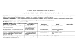 5. PLAN DE ACCION PARA IMPLEMENTAR EL USO DE LAS TIC

                                                a. PLAN DE ACCION DESDE LA GESTION DIRECTIVA PARA LA IMPLEMENTACION DE LAS TIC

PROPOSITO: Reorganizar los procesos educativos institucionales consolidando las TIC como herramientas para ofrecer una educación de calidad, mayor cobertura,
eficiencia y sostenibilidad para Ser una Institución Pedagógica con énfasis en Investigación en Ciencias Agrarias.
                                 o
Oportunidad de Mejoramiento N 1: Generar desde la Gestión Directiva diversas propuestas pedagógicas, didácticas e investigativas aplicables en todos los niveles y mediadas por las TIC
Resultado 1: Educación Pertinente de calidad acorde a las expectativas de desarrollo regional, y avances tecnológicos de la actualidad
Resultado 2: Ampliación de cobertura con eficiencia y sostenibilidad
Indicador del Resultado: Aumento de Cobertura y Permanencia de los Usuarios Estudiantes.
ACTIVIDADES/SUB ACTIVIDADES                                INDICADOR CLAVE                          RESPONSABLES                          TIEMPO                    OBSERVACIONES
Elaborar el Plan de Gestión de TIC y socializarlo a      Plan de Gestión TIC                     Equipo de Gestión TIC           Semana Institucional de Junio
la Comunidad Educativa                                   elaborado y socializarlo a la                                                      2013.
                                                         Comunidad Educativa
Al primer trimestre 2013, gestionar Equipos de           30 u. de computadores                   Equipo de Gestión TIC           Semana Institucional de Junio
cómputo.                                                 instalados                                                                         2013.
Generar 2 propuestas pedagógicas, didácticas e           2 propuestas pedagógicas,               Equipo de Gestión TIC          Para el segundo semestre
investigativas aplicables en todos los niveles y         didácticas e investigativas                                            2013.
mediadas por las TIC                                     aplicables
Iimplementar una línea de Investigación en                  Una línea de Investigación           Equipo de Gestión TIC          Año 2013 Al 2020.
Ciencias Agrarias con el apoyo de TIC.                                activa
 