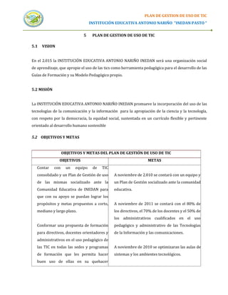 PLAN DE GESTION DE USO DE TIC
                                   INSTITUCIÓN EDUCATIVA ANTONIO NARIÑO “INEDAN PASTO “


                              5     PLAN DE GESTION DE USO DE TIC

5.1   VISION


En el 2.015 la INSTITUCIÓN EDUCATIVA ANTONIO NARIÑO INEDAN será una organización social
de aprendizaje, que apropie el uso de las tics como herramienta pedagógica para el desarrollo de las
Guías de Formación y su Modelo Pedagógico propio.


5.2 MISIÓN


La INSTITUCIÓN EDUCATIVA ANTONIO NARIÑO INEDAN promueve la incorporación del uso de las
tecnologías de la comunicación y la información para la apropiación de la ciencia y la tecnología,
con respeto por la democracia, la equidad social, sustentada en un currículo flexible y pertinente
orientado al desarrollo humano sostenible

5.2 OBJETIVOS Y METAS


                   OBJETIVOS Y METAS DEL PLAN DE GESTIÓN DE USO DE TIC
               OBJETIVOS                                          METAS
   Contar    con     un   equipo    de   TIC
   consolidado y un Plan de Gestión de uso     A noviembre de 2.010 se contará con un equipo y
   de las mismas socializado ante la           un Plan de Gestión socializado ante la comunidad
   Comunidad Educativa de INEDAN para          educativa.
   que con su apoyo se puedan lograr los
   propósitos y metas propuestos a corto,      A noviembre de 2011 se contará con el 80% de
   mediano y largo plazo.                      los directivos, el 70% de los docentes y el 50% de
                                               los administrativos cualificados en el uso
   Conformar una propuesta de formación        pedagógico y administrativo de las Tecnologías
   para directivos, docentes orientadores y    de la Información y las comunicaciones.
   administrativos en el uso pedagógico de
   las TIC en todas las sedes y programas      A noviembre de 2010 se optimizaran las aulas de
   de formación que les permita hacer          sistemas y los ambientes tecnológicos.
   buen uso de ellas en su quehacer
 