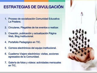 Por el equipo de gestión1. Revisión periódica Teniendo en cuenta el diagnóstico inicial2. Elaboración Plan de MejoramientoBimestralmente para hacer los ajustes respectivos.3. Socialización de Avances y DificultadesRegistro de actividades Comunidad Educativa 4. Diseño e Implementación Portafolio Pedagógico en TICSProducciones académicas y tecnológicas: ciberecololgía - ciberagricultura.5. Aprendizaje Electrónico