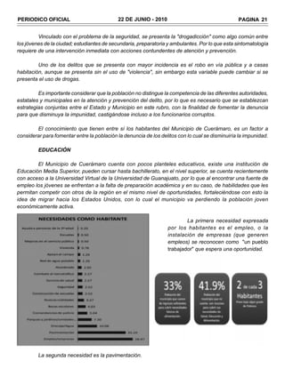 PERIODICO OFICIAL                           22 DE JUNIO - 2010                                   PAGINA 21


         Vinculado con el problema de la seguridad, se presenta la "drogadicción" como algo común entre
los jóvenes de la ciudad; estudiantes de secundaria, preparatoria y ambulantes. Por lo que esta sintomatología
requiere de una intervención inmediata con acciones contundentes de atención y prevención.

         Uno de los delitos que se presenta con mayor incidencia es el robo en vía pública y a casas
habitación, aunque se presenta sin el uso de "violencia", sin embargo esta variable puede cambiar si se
presenta el uso de drogas.

         Es importante considerar que la población no distingue la competencia de las diferentes autoridades,
estatales y municipales en la atención y prevención del delito, por lo que es necesario que se establezcan
estrategias conjuntas entre el Estado y Municipio en este rubro, con la finalidad de fomentar la denuncia
para que disminuya la impunidad, castigándose incluso a los funcionarios corruptos.

        El conocimiento que tienen entre sí los habitantes del Municipio de Cuerámaro, es un factor a
considerar para fomentar entre la población la denuncia de los delitos con lo cual se disminuiría la impunidad.

         EDUCACIÓN

        El Municipio de Cuerámaro cuenta con pocos planteles educativos, existe una institución de
Educación Media Superior, pueden cursar hasta bachillerato, en el nivel superior, se cuenta recientemente
con acceso a la Universidad Virtual de la Universidad de Guanajuato, por lo que al encontrar una fuente de
empleo los jóvenes se enfrentan a la falta de preparación académica y en su caso, de habilidades que les
permitan competir con otros de la región en el mismo nivel de oportunidades, fortaleciéndose con esto la
idea de migrar hacia los Estados Unidos, con lo cual el municipio va perdiendo la población joven
económicamente activa.

                                                                          La primera necesidad expresada
                                                                  por los habitantes es el empleo, o la
                                                                  instalación de empresas (que generen
                                                                  empleos) se reconocen como "un pueblo
                                                                  trabajador" que espera una oportunidad.




         La segunda necesidad es la pavimentación.
 