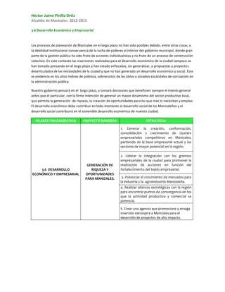 Héctor Jaime Pinilla Ortiz
Alcaldía de Manizales 2012-2015

3.6 Desarrollo Económico y Empresarial



Los procesos de planeación de Manizales en el largo plazo no han sido posibles debido, entre otras cosas, a
la debilidad institucional consecuencia de la lucha de poderes al interior del gobierno municipal, donde gran
parte de la gestión pública ha sido fruto de acciones individualistas y no fruto de un proceso de construcción
colectivo. En este contexto las inversiones realizadas para el desarrollo económico de la ciudad tampoco se
han tomado pensando en el largo plazo y han estado enfocadas, sin generalizar, a propuestas y proyectos
desarticulados de las necesidades de la ciudad y que no han generado un desarrollo económico y social. Esto
se evidencia en los altos índices de pobreza, sobrecostos de las obras y sonados escándalos de corrupción en
la administración pública.

Nuestro gobierno pensará en el largo plazo, y tomará decisiones que beneficien siempre el interés general
antes que el particular, con la firme intención de generar un mayor dinamismo del sector productivo local,
que permita la generación de riqueza, la creación de oportunidades para los que más lo necesitan y empleo.
El desarrollo económico debe contribuir en todo momento al desarrollo social de los Manizaleños y el
desarrollo social contribuirá en el sostenible desarrollo económico de nuestra ciudad.

  PILARES PROGRAMATICO             PROYECTO BANDERA                          ESTRATEGIA

                                                            1. Generar la creación, conformación,
                                                            consolidación y crecimiento de clusters
                                                            empresariales competitivos en Manizales,
                                                            partiendo de la base empresarial actual y los
                                                            sectores de mayor potencial en la región.

                                                            2. Liderar la integración con los gremios
                                                            empresariales de la ciudad para promover la
                                     GENERACIÓN DE          realización de acciones en función del
    3.6 DESARROLLO                     RIQUEZA Y            fortalecimiento del tejido empresarial.
ECONÓMICO Y EMPRESARIAL             OPORTUNIDADES
                                    PARA MANIZALES.          3. Potenciar el crecimiento de mercados para
                                                            la industria y la agroindustria Manizaleña.
                                                            4. Realizar alianzas estratégicas con la región
                                                            para encontrar puntos de convergencia en los
                                                            que la actividad productiva y comercial se
                                                            potencie.

                                                            5. Crear una agencia que promocione y atraiga
                                                            inversión extranjera a Manizales para el
                                                            desarrollo de proyectos de alto impacto.
 