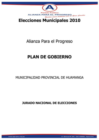 Elecciones Municipales 2010<br />Alianza Para el Progreso<br />PLAN DE GOBIERNO<br />MUNICIPALIDAD PROVINCIAL DE HUAMANGA<br />JURADO NACIONAL DE ELECCIONES<br />PRINCIPIOS Y VALORES <br />RESPONSABILIDAD: <br />En la Gestión se practicará  la  capacidad  de conocer y aceptar las consecuencias de un hecho realizado y  si existe responsabilidad consciente de sus deberes responderemos a la población; asumiendo las consecuencias de nuestros actos.<br />LEALTAD.<br />Guardaremos fidelidad;  mostrando ser incapaz de engañar a la población de nuestros compromisos<br />.<br />SOLIDARIDAD<br />Se implementará la práctica de la adhesión, a la causa de la institución,  y la relación entre seres humanos, en la cual uno de ellos toma por propias las cargas del otro y se responsabiliza junto con éste de dichas cargas.<br />TRANSPARENCIA<br />Mostraremos claridad en el  gobierno local, garantizando el adecuado manejo de los recursos financieros e institucionales generando confianza en la población. <br />IDENTIDAD<br />Manifestar a la población nuestra identificación con sus problemas sociales y programar posibles soluciones. <br />CALIDAD<br />Garantizaremos  los servicios que ofrece la institución, haciendo eficiente y eficaz   a  satisfacción de la población<br />INNOVACIÓN.<br />Se implementará lo que  modernidad nos ofrece para mejorar nuestros servicios, y promover adecuadamente el desarrollo local.<br />I.- DIAGNOSTICO TERRITORIAL<br />1.1. CARACTERÍSTICAS DE LA PROVINCIA DE HUAMANGA<br />Ubicación Política<br />La provincia de Huamanga políticamente se encuentra dividida en 15 distritos, 219 anexos, 185 caseríos, 89 comunidades campesinas y 74 unidades agropecuarias; cuyo capital es la ciudad de Ayacucho (antigua ciudad de Huamanga), fundada el 25 de Abril de 1,540. Tiene una superficie total de 2,981.37 Km2, que representa el 6.8% de la superficie regional.<br />Entre las regiones naturales identificadas en la provincia de Huamanga, por su continentalidad se hallan principalmente la región quechua o sierra, suni, puna o jalca. En el Cuadro Nº 01, se detallan las provincias, las superficies en Km2, los porcentajes, las altitudes, el número de distritos y la zona de vida y el ámbito físico del departamento de Ayacucho.<br />Mapa de la provincia de Huamanga<br />Cuadro Nº 01. Superficies y Altitudes por distrito <br />Provincia de Huamanga<br />Provincia DistritosCapitalSuperficie Km2Altitud (m.s.n.m.)Latitud SurLongitud OesteHuamanga Ayacucho2981.37Ayacucho Ayacucho103.09 274613°09'26quot;
74°13'22quot;
Acocro Acocro406.83 324713°12'57quot;
 74°02'24quot;
Acos Vinchos Acos Vinchos152.28 284813°06'33quot;
 74°05'48quot;
Carmen Alto Carmen Alto19.33 280013°10'20quot;
 74°13'27quot;
Chiara Chiara498.42 352713°16'13quot;
 74°12'12quot;
Ocros Ocros194.67 312513°23'15quot;
 73°54'47quot;
Pacaycasa Pacaycasa41.80 253513°03'12quot;
 74°12'48quot;
Quinua Quinua145.63 339613°02'42quot;
 74°08'12quot;
San José de Ticllas Tiíllas64.34 326813°07'45quot;
 74°19'50quot;
San Juan Bautista San Juan Bautista18.71 280013°10'06quot;
 74°13'14quot;
Santiago de Pischa San Pedro de Cachi 114.94 318813°04'54quot;
 74°23'24quot;
Socos Socos81.75 340013°12'39quot;
 74°17'15quot;
Tambillo Tambillo184.45 308013°11'28quot;
 74°06'30quot;
Vinchos Vinchos955.13 315013°14'18quot;
 74°21'06quot;
Jesús Nazareno Las Nazarenas2746 274613°09'26quot;
 74°13'22quot;
<br />Fuente: Almanaque estadístico: INEI 2006.<br />Cuadro Nº 02. Población total por sexo, en los distritos <br />de la Provincia de Huamanga. 2007<br />N°DISTRITOS / PROVINCIAHOMBREMUJERTOTAL1SANTIAGO DE PISCHA70276514672SAN JOSÉ DE TICLLAS1162128024423PACAYCASA1458138428424TAMBILLO2569249950685ACOSVINCHOS2547255351006OCROS2840277556157QUINUA2931318461158CHIARA3102320563079SOCOS33463557690310ACOCRO44334520895311JESUS NAZARENO745579441539912VINCHOS755082371578713SAN JUAN BAUTISTA18684197733845714AYACUCHO4924851687100935HUAMANGA108027113363221390<br />Fuente: Censos Nacionales 2007. XI de población y VI de vivienda.<br />Cuadro Nº 03.  Mapa de pobreza distrital de FONCODES 2006, con indicadores actualizados con el censo del 2007<br />Prov.DistritoQuintil 1/% poblac. sin agua% poblac. sin desag/letr.% poblac. sin electric.% mujeres analfabetas% niños 0-12 añosTasa desnutric. Niños 6-9 añosÍndice de Desarrollo HumanoAYACUCHO36%8%13%11%27%21%0.5939ACOCRO167%34%71%41%37%49%0.5009ACOS VINCHOS128%24%73%46%36%43%0.4865CARMEN ALTO214%15%23%22%32%38%0.5479CHIARA143%39%75%35%33%38%0.5133OCROS149%15%82%31%35%39%0.5322PACAYCASA116%37%32%29%31%34%0.5454QUINUA164%80%37%36%28%41%0.5193SAN JOSE DE TICLLAS192%40%39%37%31%39%0.4999SAN JUAN BAUTISTA24%6%12%12%29%32%0.5649SANTIAGO DE PISCHA167%33%37%35%29%39%0.5116SOCOS152%12%29%41%34%41%0.4941TAMBILLO117%20%49%36%36%44%0.5169VINCHOS161%23%56%47%39%48%0.4900JESUS NAZARENO35%7%9%12%27%35%0.5510<br />Fuentes: Mapa de Pobreza 2006 - FONCODES, Censo de Población y Vivienda del 2007 - INEI, Censo de Talla Escolar del 2005 - MINEDU, Informe del Desarrollo Humano 2006 - PNUD <br />1/: Quintiles ponderados por la población, donde el 1=Más pobre y el 5=Menos pobre<br />Elaboración: FONCODES/UPR<br />Dimensiones de Desarrollo Provincial<br />El conocimiento de nuestra realidad local, logrado a través de la conjunción de información cuantitativa y cualitativa recopilada de diversas fuentes y revisada en diversos talleres, ha permitido la reflexión y la síntesis de ideas básicas que impulsen el progreso de nuestro entorno, las cuales se han agrupado en cuatro dimensiones de desarrollo:<br />Desarrollo Humano y Social, que incluye temas de salud, educación,  seguridad social, entre otros.<br />Desarrollo Económico Productivo, que comprende las actividades económicas en general.<br />Desarrollo Ambiental y Recursos Naturales, que se refiere a los temas de uso y manejo de recursos naturales.<br />Desarrollo Institucional, referido a la gestión inteligente y democrática orientado a la reconstitución y renovación del capital social.<br />Éstas dimensiones de desarrollo, fueron establecidas en sesiones de trabajo del equipo técnico, las cuales se fueron construyendo en cuatro grandes etapas: la primera, de diagnóstico; la segunda, de formulación de los  lineamientos estratégicos; la tercera, de la Programación Multianual de Inversiones y la cuarta, del Monitoreo y Evaluación del plan.<br />Al realizar la introducción al presente informe, es preciso acotar de manera especial, que las propuestas contenidas en el presente documento no deben ser entendidas como “listados de obras” a priori, definidos por los agentes participantes para su realización durante una o más administraciones municipales, sino más bien son por una parte propuestas de autoría colectiva respaldadas por una estructura de gestión  también colectiva; y por otra, es la guía de ese accionar, flexible, especialmente en los modos para buscar los resultados y adaptable aún a ellos mismos, dada la vertiginosidad con la que suceden los cambios en esta era del desarrollo, y al fortalecimiento de las capacidades que lo formularon, los ciudadanos en general.<br />1 .1.1.-POTENCIALIDADES, LIMITACIONES IDENTIFICADAS DE LA PROVINCIA DE HUAMANGA<br />Potencialidades y Limitaciones en la Dimensión Humano y Social<br />Potencialidades<br />Existencia de programas sociales que contribuyen a la lucha contra la desnutrición infantil.<br />Presencia de Universidades Públicas y Privadas para la formación de profesionales competentes y existencia de Centros de Ocupación (CEOs) e Institutos Tecnológicos: SENCICO y SENATI, V. A. HUAPAYA, otros.<br />Presencia de población joven.<br />Conservación y mantenimiento de la cultura andina<br />Limitaciones.-<br />No existe una adecuada estrategia de intervención para reducir la persistente alta tasa de desnutrición infantil.<br />Lenta incorporación de la UNSCH a los avances científicos y tecnológicos, no se ejecutan proyectos de investigación.<br />Egresados de instituciones de educación superior tienen pocas oportunidades de trabajar en aquello que estudian.<br />Poca participación de los medios de comunicación y comunidad como agente educativo.<br />Alta incidencia de madres adolescentes.<br />Desempleo y subempleo.<br />Analfabetismo<br />Delincuencia y alcoholismo en la juventud.<br />Pérdida de los valores éticos y morales en la familia y la sociedad.<br />Violencia familiar<br />Aplicación inadecuada de los alcances del Programa de Educación Bilingüe Intercultural<br />Potencialidades y Limitaciones en la Dimensión Económico Productivo<br />Potencialidades.-<br />Disponibilidad de terrenos o áreas de cultivo tropicales y en zonas alto andinas.<br />Diversidad de pisos ecológicos que permiten una variedad de productos frutícolas durante todo el año.<br />Existencia de oferta turística: Artesanía singular y variada, restos arqueológicos, cultura viva, etc.<br />Existencia de potencialidades bioecológicas y de recursos naturales comercializables: cultivos andinos y tropicales.<br />Existencia de Mineras Metálicas y No Metálicas (cobre, bronce, zinc, plata, oro, arena, yeso, arcilla, piedra de Huamanga y otros.<br />Existencia de asociaciones y/o comités de productores.<br />Ubicación geográfica estratégica de la provincia como eje articulador del corredor económico.<br />Se cuenta con un Aeropuerto y camino terrestre en buen estado (8 horas de Lima).<br />Limitaciones.-<br />Bajo nivel tecnológico en la producción por la ausencia de asistencia técnica para los procesos productivos de las materias primas y su transformación, que conlleva a la baja calidad de productos y volúmenes de oferta limitada.<br />Escasa infraestructura de centros de acopio y terminal terrestre.<br />Escasez de información confiable y sistematizada de la producción de materias primas, recursos productivos,  mercados, entre otros que permita desarrollar la cultura empresarial.<br />Recursos turísticos naturales e históricos abandonados y desaprovechados para potenciar el turismo con servicios de calidad.<br />Deficientes vías de acceso en torno a los potenciales circuitos turísticos.<br />Infraestructura vial inadecuada a potenciar los centros de producción y los circuitos turísticos<br />Potencialidades y Limitaciones en la Dimensión Ambiental y Recursos Naturales <br />Potencialidades<br />Existencia de riquezas culturales y naturales.<br />Existencia de recursos hídricos, lénticos (lagunas y reservorios) y lóticos (ríos, riachuelos y manantiales).<br />Se cuenta con amplia biodiversidad de flora y fauna<br />Existencia de zonas ecológicas en los distritos y comunidades rurales.<br />Limitaciones.-<br />No se invierte en el fortalecimiento de la identidad cultural ni en el cuidado de los recursos naturales.<br />Creciente contaminación del ambiente urbano.<br />Escasez de los recursos hídricos.<br />No se aprovechada los recursos naturales en forma sostenible<br /> Potencialidades y Limitaciones en la Dimensión Institucional<br />Potencialidades.-<br />Existencia de redes de organizaciones e instituciones locales.<br />Presencia de la Mesa de Concertación de Lucha Contra la Pobreza.<br />Existencia de espacios de concertación CCL, Comités de Desarrollo, otros.<br />Limitaciones.-<br />Escasa participación y débil articulación de las organizaciones  sociales entre sí mismas y con las demás instituciones.<br />Poca participación de los ciudadanos en la gestión del desarrollo local a través de los espacios de concertación.<br />Limitadas capacidades de gestión de las autoridades.<br />1.1.2.- OPORTUNIDADES PRESENTES EN LA PROVINCIA DE HUAMANGA<br />Dimensión Humano y Social<br />Mayor  preocupación e intervención de las autoridades a nivel regional y local con la participación de la sociedad civil organizada para mejorar la educación<br />Mayor acceso a los medios de comunicación informáticos (Internet)<br />Presencia e cooperación técnica nacional e internacional a favor de la infancia, la salud y la educación<br />La normalización de uso de la lengua nativa en la enseñanza. aprendizaje que permitirá revalorar nuestra identidad cultural<br />La descentralización como proceso social incluso de las personas en el desarrollo local<br />Puesta en marcha de la estrategia Crecer Wari en la Region Ayacucho<br />Normas y estrategias que promuevan y priorizan el desarrollo-Humano principalmente a la infancia<br />Dimensión Económico-Productivo<br />La Ley Orgánica de Municipalidades que otorga nuevas competencias a los municipios, como promotores de desarrollo económico.<br />Presencia de cooperación técnica nacional e internacional que apuesta por proyectos productivos<br />Demanda considerable en el mercado interno como externo<br />Existencia de instituciones públicas y privadas interesadas en fomentar la fruticultura en la región dado las condiciones y el potencial que tienen los distintos posos ecológicos.<br />Recursos financieros externos e internos con posibilidad de establecimiento en la zona<br />Existencia del programa de “Reactivación de la Agricultura en sierra selva a escala nacional cuyo  objetivo es elevar el estado nutricional de la población.<br />El espectacular desarrollo científico a nivel mundial de la acuicultura de aguas continentales, se estima que a corto plazo la producción pesquera mundial<br />Posibilidades de alianzas para intermediarios comerciales con mercados dinámicos y exigentes nacionales e internacionales<br />Existe demanda de productos turísticos con distintas opciones culturales, arqueológicas, naturales y ecológicas<br />Dimensión Ambiental y Recursos Naturales<br />Se cuenta con normas y directivas ambientales que nos permiten desarrollar un control sobre el manejo y uso adecuado de nuestros recursos naturales<br />Creciente presencia de instituciones que promueven y fomentan la educación y conciencia ambiental<br />Existencia de organismos internacionales que promueven y financian proyectos de recuperación y promoción e los recursos naturales.<br />Dimensión Institucional<br />Mejora de las normas para el desarrollo del planeamiento estratégico<br />La ley de Bases de la Descentralización de carácter irreversible<br />Las reparaciones colectivas que vienen dando el Estado a las víctimas de la violencia socio-política<br />La reconstrucción el tejido social y la participación de jóvenes y mujeres en la toma de decisiones<br />Normatividad vigente que fomenta la participación en la gestión del desarrollo<br />La existencia de los espacios de concertación (CCLs, MCLCP, Comites, otros) y de los procesos participativos ( Planes y Presupuestos Participativos)<br />1.1. 3.- RESUMEN DE LOS PRINCIPALES PROBLEMAS IDENTIFICADOS.<br />Problemas priorizados de la Dimensión Humana y Social<br />Alta tasa de desnutrición crónica infantil, con mayor índice en la zona rural, se han registrado0: N.V. con bajo peso al nacer (< 2500 g) = 5.7% en Huamanga.<br />Deficiente acceso y calidad de atención en la prestación de servicios de salud 45.5% de la Población no tiene ningún seguro de salud, No hay una buena atención por parte del personal de salud<br />incremento de la explotación, el maltrato y abandono infantil que afectan la integridad familiar, el 82% de la población ejerce algún tipo de violencia física contra sus hijos, se han presentado 10 casos de violación, 4 intentos de violación y 3 casos de exhibicionismo y tocamiento en Huamanga,52% de las alumnas/os de educación básica trabajan; del total de 1480 encuestados, entre estudiantes de primaria y secundaria, el 31,5% trabaja en la chacra, el 24,3% como vendedores, 14,7% admite que es empleada(o) del hogar. El 13,0% de los estudiantes realizan otras actividades, 6,7% en un oficio determinado, 3,6% haciendo artesanías, 3.3% desarrollan trabajo independiente y 2,9% en construcción.<br />Persistencia de la Violencia Familiar y Sexual hacia las mujeres, no se promueve la igualdad de género y la autonomía de la mujer”<br />Poco avance en la implementación de las reparaciones a las víctimas de la violencia socio política. S/. 1’796,979.00  n.s. de presupuesto transferido a la reparación de 18 comunidades, de 22 comunidades programadas para el año 2008.<br />Poco acceso a viviendas con servicios básicos adecuados, el 15.4% de viviendas sin ningún servicio de agua potable; 26.4% utilizan pozo ciego, 17.2% no cuentan con ningún servicio higiénico y 29.2% de viviendas no cuentan con electricidad.<br />Limitada atención a la población vulnerable y en situación de riesgo, CIAMH – Poco implementada, equipada y con limitado presupuesto para garantizar la atención y promoción de los derechos del Adulto Mayor,  OMAPD Poco implementada, equipada y con limitado presupuesto para garantizar la atención y promoción de los derechos de las personas con discapacidad<br />.<br />Problemas priorizados de la Dimensión Económica productiva.-<br />Escaso desarrollo de las carreteras y los medios de comunicación.Por definir el Nº de Km. de vías, caminos y trochas en mal estado. “El desarrollo del internet y los servicio de comunicación telefónica no cubre a todos los distritos de la provincia de Huamanga”.<br />No se encuentra desarrollada la infraestructura para la electricidad trifásica, limitado acceso a los servicios de energía eléctrica para la producción.<br />Limitado acceso a los servicios de energía eléctrica para la producción, el 40% del potencial turístico de la región se concentra en la provincia de Huamanga, cuando empieza la Semana Santa y otras fiestas importantes, los hoteles, restaurantes y empresas de transporte son muy exagerados en sus precios eso aleja a los turistas”.<br />Poco impulso al desarrollo competitivo de las actividades económico – productivas de la provincia, que no genera ingresos económicos suficientes para las familias Existe un potencial de áreas de cultivo de 38.254 Ha. Que representa el 12.8% del territorio total de la provincia, de los cuales 4.4% son terreno con riego y 8.4% terrenos en secano el 50.97% del VBP provincial que proviene de la papa y el maíz, generan ingresos familiares  Existen pocas asociaciones de productores organizadas y consolidadas. Existe baja capacidad de competencia por los bajos niveles de producción y rendimientos, debido a falta de prácticas adecuadas de cultivo por la mayoría de productores y ausencia de tecnología de riego tecnificado, el85% del crédito otorgado al departamento de Ayacucho, se concentra en la provincia de Huamanga, con limitado acceso a recursos financieros para impulsar las cadenas productivas<br />Empresas manufactureras en situación de informalidad, Tasa de autoempleo y empleo en microempresa = 68.0%.  y  de la 29.4% de fuerza laboral con bajo nivel educativo y 6.9% de fuerza laboral analfabeta.<br />Aumento migratorio de la población joven  por falta de trabajo y mejores condiciones de vida. El22.3% de la población migra a otros lugares y 8% de hogares cuenta con algún miembro de la familia en otro país.<br />Problemas priorizados de la Dimensión Ambiental y Recursos Naturales<br />Escasa educación y conciencia ambiental de la población en el cuidado de los recursos naturales y el medio ambiente, A pesar de existir tachos, la gente sigue botando la basura donde sea, falta mayor conciencia de la gente”. Aproximadamente 5 a 6 actividades de sensibilización del cuidado del medio ambiente realizadas en el 2008.<br />No se cuenta con un Plan Provincial de gestión ambiental.<br />Inadecuado manejo de residuos sólidos: 122,450 m3 de residuos sólidos domiciliarios y comerciales en el distrito de Ayacucho.<br />Inadecuada gestión de los recursos hídricos. El potencial hídrico como lagos, ríos, lagunas no son aprovechadas adecuadamente.<br />Aumento de la deforestación por la tala indiscriminada.<br />Problemas priorizados de la Dimensión Institucional<br />Instituciones públicas en los diferentes niveles de gobierno, son poco eficientes y transparentes en la gestión pública.  Ejemplo de ello es la Marcha de los Wari’s para exigir atención preferente del departamento de Ayacucho.“El gobierno nacional tiene poco compromiso con la descentralización y no transfiere como debe ser los recursos necesarios a los gobiernos locales”<br />Débil institucionalidad democrática y participación poco activa de las organizaciones sociales en la toma de decisiones.<br />Existe poco interés de las organizaciones sociales de participar en la gestión pública por el incumplimiento de los acuerdos en los presupuestos participativos.CCL provincial débil y con poca participación en la toma de decisiones<br />Persistencia de la inseguridad ciudadana en la provincia  el 2.0% de la población mayor de 12 años fue víctima de agresión por pandilla. Promedio regional es 1.0%,  35 machas juveniles en la ciudad de Ayacucho.<br />Existencia de conflictos limítrofes entre distritos y comunidades, conflicto limítrofe entre distritos de Carmen Alto y San Juan Bautista.<br />1.2. AMBITO DISTRITAL<br />Ubicación Política.<br />El distrito de Ayacucho pertenece geográfica y políticamente a la jurisdicción de la Provincia de Huamanga, Región Ayacucho, siendo la ciudad de Ayacucho, capital del Distrito, la provincia y la Región. Las instancias administrativas ejecutivas y Judiciales de las Instituciones del Estado se encuentran jerárquicamente centralizadas en esta capital, teniendo dependencias en las otras provincias de la región.<br />Ubicación geográfica.<br />El Distrito de Ayacucho se encuentra ubicado en la región Sur  Central de los Andes, entre las coordenadas: Latitud Sur 13º 09´ 26”  y Longitud Oeste 74º 13´22” del  meridiano de Greenwich; a una altitud de 2,746 m.s.n.m.<br />Extensión y altitudes<br />La superficie total del distrito es de 8,529 Has’ según la Carta Nacional y el Levantamiento Catastral 2004 elaborado por el Instituto Nacional de Estadística INEI (Censo Agropecuario 94).<br />Respecto a las altitudes referenciales se tiene en cuenta 03 puntos: <br />La Capital: 2,746 m.s.n.m.  <br />Punto más bajo: 2,500 m.s.n.m.<br />Punto más alto: 2,800 m.s.n.m.<br />Limites.<br />El ámbito territorial del distrito de Ayacucho tiene los siguientes límites:<br />Por el Norte con el Distrito de Pacaycasa, <br />Por el Sur con los Distritos de Carme Alto y San Juan Bautista.  <br />Por el Este con los Distritos de Jesús de Nazareno y Tambillo.  <br />Por el Oeste con los Distritos de San José de Ticllas y Socos.  <br />Accesibilidad.<br />El acceso al distrito de Ayacucho, es factible desde tres vías de comunicación hacia zonas de alta densidad poblacional e importancia económica:<br />Ruta Vía  “Libertadores” Ayacucho – Pisco - Lima.<br />Ruta Vía Ayacucho – Andahuaylas – Cusco. <br />Ruta Vía Ayacucho – Mejorada - Huancayo.<br />2.1.Roles del Distrito <br />2.1.1.Roles Pasados.<br />Centro de desarrollo de la civilización y cuna de culturas: Pikimachay, la cultura Wari, Inca y vestigios de otras influencias culturales, importantes.<br />Ciudad de paso obligatorio de de la capital a la ciudad de Cusco, con el nombre de Huamanga.<br />Fue un Centro de administración en la época colonial, donde se recaudaba tributos e impuestos para la corona española.<br />Centro de irradiación de la Libertad Americana. Punto de inicio de la Republica del Perú y derrota del colonialismo español.<br />Centro de irradiación cultural con la creación de la Universidad Nacional San Cristóbal de Huamanga el año 1677 y la reapertura el año 1957.<br />Centro de inicio del conflicto y violencia socio política (Guerra Interna).<br />Migración y abandono de las tierras productivas por la lucha frontal contra la subversión.<br />2.1.2.Periodo 1996-2000<br />Centro productivo de la actividad turística, revalorizando las actividades costumbristas y folklóricas.<br />Articulación al Circuito Turístico Nacional, por su riqueza cultural y escénica, ofreciendo servicios de  públicos de calidad con restaurantes y hospedajes.<br />Desde Ayacucho se acentúa y promueve la pacificación nacional.<br />Centro regional de revaloración de la riqueza cultural e histórica que estimula el crecimiento del turismo principalmente nacional.<br />2.1.3.Periodo 2001-2006<br />Se acentúa el rol de promotor del turismo, para la ampliación de la cobertura y mejoramiento en la calidad de la atención al cliente.<br />Promotor del desarrollo sostenible para la región, como centro público, financiero, administrativo, comercial y de gestión de entidades de cooperación nacional y externa…<br />2.2.Roles Futuros Del Distrito De Ayacucho Al 2014<br />2.2.1.Dimensión Institucional.<br />Promotor del desarrollo y del fortalecimiento de las organizaciones sociales y culturales, mediante la acción decidida del municipio y la población organizada.<br />Promotor de Municipio saludables y comunidades saludables. <br />Promotor de la participación ciudadana y la vigilancia ciudadana para mejorar el desarrollo local. <br />Asumir el liderazgo institucional mediante el fortaleciendo  las organizaciones sociales de base.<br />Promotor de la descentralización, ciudadanía y municipalización<br />2.2.2.Dimensión Económica Productiva.<br />Productor  agroindustrial con ventajas competitivas posesionados en el mercado nacional y aptos para la exportación<br />Productor líder de artesanías y líneas de producción relacionadas<br />Promotor para el mejoramiento continuo de la calidad turística<br />Organizador de las Cadenas Productivas<br />Integración agro-comercial de las zonas productivas con los corredores económicos.<br />2.2.3.Dimensión Social.<br />Defensor de los derechos de niñas y niños, contra la violencia infantil, derechos de la mujer y contra la violencia familiar<br />Disminución de las tasas de desnutrición y analfabetismo. <br />Prestación de servicios educativos y salud de calidad<br />2.2.4.Dimensión Urbano Ambiental.<br />Planificación del crecimiento urbano y semi-urbano.<br />Ciudad saludable con acciones de control y amortiguamiento medio ambiental.<br />Zona de preservación, conservación e la riqueza arqueológica,  biodiversa y cultural.<br />Cuadro Nº 07 POBLACION TOTAL: AREA URBANA – RURAL DEL DISTRITO DE AYACUCHO POR SEXO<br />Población  (habitantes)Urbana%Rural%TotalVarones25,17325.04 %22,57726.16 %47,750Mujeres28,10325.70 %21,08623.10 %49,189TOTAL53,27650.74 %43,66349.26 %96,939<br />Fuente: Censo INEI - 2005 <br />2.3. Caracterización del Distrito<br />Dentro de la dimensión Institucional, las comunidades, pueblos jóvenes, urbanizaciones, asociaciones de vivienda, barrios, caseríos y anexos del distrito de Ayacucho, antes del conflicto político social tuvieron una gran capacidad organizativa que por efecto estructural y sistémico han debilitado su representatividad y articulación interna y externa, con una divergencia crítica en sus fines mostrando debilidad de ciudadanía y carencia de participación. <br />Se percibe como problema que el 90 % de las Organizaciones Sociales de Base se encuentren debilitadas, e instituciones del Estado, no teniendo ningún convenio para la formación de redes de soporte e incipiente acción de facilitación en los procesos de participación ciudadana, que influye en la inexistencia de acciones de vigilancia ciudadana. Las potencialidades que se muestran en esta dimensión es la notable cantidad de gremios que están presentes a nivel del distrito, así como la capacidad del frente de defensa del Pueblo de Ayacucho, que agrupa a 150 Organizaciones sociales de Base, representando un importante capital social. Esta se complementa con la presencia de  aproximadamente 46 instituciones del Estado, que conforman la institucionalidad.<br />En la dimensión económica productiva persisten problemas relacionados a una limitada aplicación de la tecnología productiva, mostrando escasas hectáreas con sistemas de riego tecnificado, imprescindible para el uso racional del recurso hídrico. La producción ganadera está compuesta por vacunos de raza criolla genéticamente disminuidos al igual que el ganado ovino y caprino. El mejoramiento del capital pecuario es un problema no resuelto frente a una oferta rentable de productos lácteos y carne de vacuno.<br />La producción agrícola es de 1,464.70 TM por diversos productos, en 749 has cultivadas. Los bosques y pastos son 502 Ha’, que para el tamaño físico del distrito es limitado. Asimismo, se observa que el nivel de exportaciones de la tara y cochinilla muestra una tendencia creciente contribuyendo en la balanza de pagos.<br />La agricultura no es el principal contribuyente del Producto Bruto Interno Distrital (PBID), sino las diferentes actividades económicas transformadoras que emplean mayor mano de obra que están relacionadas a la artesanía: con 991 talleres de textiles, 77 talleres de retablos, 66 talleres de tallado de piedra de Huamanga, 60 talleres de curtimbres y de peletería, 30 talleres de platería , 6 de talabartería, 93 de cerámica, 3 de hojalatería, 4 de cornuplastia, 2 de cereria  y 36 talleres de fabricación de instrumentos musicales, que dan vida y dinamizan la economía del distrito. <br />La dinámica comercial gira en torno a los medios de transporte como empresas interprovinciales de pasajeros que llegan actualmente a 55 y que tienen como punto de partida el distrito de Ayacucho, de igual manera, las empresas de transporte inter regionales tiene como ruta la vía Libertadores con 14 unidades de transporte que diariamente transitan hacia la ciudad de Lima, Huancayo, Ica y Andahuaylas. Actualmente operan dos empresas áreas con un flujo de transporte de 78.70 pasajeros diarios. <br />En la dimensión social el distrito de Ayacucho cuenta con una Población Económicamente Activa de 28.02 %, con un ingreso per cápita promedio de 500 a 700 nuevos soles y una tasa de subempleo de 28.01 %. Este marco económico se encuentra en proceso de cambio, percibiéndose una mayor dinamización de la economía distrital.<br />En el aspecto educativo, el problema radica en la baja calidad del aprendizaje, con docentes de bajo nivel de preparación, influyendo en la baja calidad educativa con elevados índices de deserción educativa (3.7 %) y de analfabetismo (11.21 %).<br />El sector salud muestra indicadores aun más críticos, asociados a altas tasas de desnutrición crónica equivalentes a 40.2% y desnutrición global de 41.20% que induce al incremento de los índices de  morbilidad (49.6 o/oo). Las enfermedades y afecciones endémicas afectan a gran parte de los pobladores, en el caso de las enfermedades respiratorias agudas registra un 17.20 % y las enfermedades Diarreicas agudas 9.9 % del total de pacientes atendidos, con una alta incidencia de parasitosis.<br />Respecto a la equidad de género, el distrito de Ayacucho manifiesta una concepción de sociedad machista, registrándose casos de mujeres maltratadas (1454 casos denunciados), sin considerar los casos no denunciados que superan esta cifra. La violencia infantil  registra 41 casos, que en gran mayoría no son denunciados.<br />En el contexto social, el distrito de Ayacucho muestra un alto grado de complejidad observándose bajos ingresos económicos asociados a la falta de oportunidades con alto grado de exclusión social; repercutiendo en situaciones de alcoholismo, violencia familiar y delincuencia social que promueve la formación de pandillas (Jóvenes con conductas Divergentes). Actualmente, existen 30 pandillas que agrupan a 450 jóvenes de ambos sexos y en edades a partir de los 9 años.<br />La potencialidad social, radica principalmente en la prestación del servicio educativo superior con cobertura provincial e interregional, con una Universidad Estatal que alberga 8,640 estudiantes, distribuidos en 10 facultades con 26 escuelas que forma profesionales en diversas especialidades y 2 Universidades Particulares de reciente creación.  El nivel de formación técnica se sustenta en 3 instituciones estatales que acoge a 2904 estudiantes, en diferentes especialidades dirigidas hacia el sector industrial. La formación pedagógica lo proporcionan 4 instituciones que albergan a 2095 estudiantes.<br />Los niveles de educación secundaria y primaria se centralizan en el distrito de Ayacucho, con una capacidad instalada de 30 y 74 Instituciones Educativas respectivamente, atendiendo a un total de 17,053 estudiantes; característica que nos permite afirmar que el distrito de Ayacucho es una ciudad prestadora de servicios educativos por excelencia.<br />La potencialidad del servicio de salud, se fundamenta en la existencia de 2 hospitales (MIMSA y ESSALUD), 2 centros de salud y 6 postas médicas que dan cobertura a los requerimientos de atención preventiva, tratamiento y recuperación de la población demandante. <br />Otro aspecto importante, es la presencia de 41 Organismos no Gubernamentales de Desarrollo, que captan inversión de la Cooperación Técnica para intervenir en el ámbito regional, mejorando los niveles de vida de las zonas de extrema pobreza.<br />De acuerdo a los resultados del Censo de Población y vivienda del año 2005, establece que la tasa de crecimiento poblacional  se ha recuperado en un 1.8 %, después de registrar tasas negativas en un periodo de 20 años.<br />Con respecto a los servicios de transportes, el distrito cuenta con una importante red de comunicaciones  urbanas y rurales convirtiéndolo en un eje vial articulador de la Región Ayacucho; asimismo, se registra la existencia de 3 canales televisivos locales y 39 emisoras de alcance local AM y FM, 120 radios de comunicación y 6 diarios locales.<br />En la dimensión territorial, el medio ambiente se encuentra debilitado reflejándose en una clara disminución de bosques producto del consumo anual de 350 TM de leña, que provoca la emisión de CO2, acentuado por la circulación de 2500 mototaxis. Otro factor de contaminación urbana es la acumulación y quema de residuos inorgánicos, como botellas y bolsas plásticas, llantas y entre otros en las zonas urbano marginales; la contaminación de mayor riesgo proviene de los mercados  de la zona urbana, donde los contaminantes microbiológicos transmiten enfermedades endémicas a causa de la proliferación roedores y moscas en los basurales.<br />Actualmente el crecimiento de la ciudad es desordenada y no guarda ninguna proyección futura, a falta de un plan de acondicionamiento territorial; con inadecuados ubicación de mercados e inapropiado diseño de la principales vías urbanas, inapropiada ubicación de terminales terrestres, desmesurado cableado aéreo de líneas telefónicas, electricidad y telecable, en el 90% de vías urbanas; problema que se agudiza por la presencia de 30 centros de recreación nocturna.<br />Una de las características de la dimensión territorial se basa en la concentración de habitantes en zonas  urbanas y rurales  en 53,663 y 43,663 respectivamente, generando mayor demanda de servicios.<br />El transporte local a nivel del distrito registra aproximadamente 20 empresas de transporte urbano y 20 de mototaxis. El transporte interprovincial es prestado por 52 empresas, cuyos destinos llegan hasta las provincias más lejanas de la Región Ayacucho. El flujo vehicular de transporte de pasajeros a la ciudad de Lima, lo realizan aproximadamente 13 empresas; asimismo, el transporte aéreo lo realizan 02 empresas. <br />Cuadro Nº  08.- DESARROLLO HUMANO A NIVEL DEPARTAMENTAL, PROVINCIAL Y DISTRITAL.<br />PoblaciónIndice de Desarrollo HumanoEsperanza deVida al nacerAlfabetismoMatriculación SecundariaLogro educativoIngreso per cápita familiarHabitantesRankingIDHRankingIDHRanking%Ranking%Ranking%RankingN.S. mesRankingAyacucho612, 489160.50952067.12171.82475.51674.31780.423Huamanga221,469 930210.55976970.35878.113087.94784.769195.8134Ayacucho100935530.608131331319987.564796.524393.5253239.5741<br />FUENTE: Informe de Desarrollo Humano – Perú 2004.<br />Ministerio de Educación y Ministerio de Economía y Finanzas<br />Convenio INEI/PNUD.<br />Cuadro Nº 09 .-LÍNEA DE BASE DEL DESARROLLO DISTRITAL<br />DETALLEINDICADORPoblación Total habitantesMasculino FemeninoExtensiónPEA100935 49,24851,6878,529 Ha’.28.01 %EducaciónAlumnos (En todos los niveles de formación)Profesores (En todos los niveles de formación)AnalfabetismoDeserción escolar49,4492,77711.21 %3.70   %SaludHospitalCentro de SaludPuesto de SaludDesnutrición Crónica (Urbano)Desnutrición Global (Urbano)IDAIRAParasitosisViolencia contra la mujer (casos denunciados)Violencia contra niñas y niños (casos denunciados)02 MINSA - ESALUD02 Estatal06Estatal40.20 %41.20 %9.96 %17.25 %7.26 %1,45441SaneamientoConexión domiciliariaPiletas públicasDesagüeElectrificación (Con servicio)Electrificación (Sin servicio)19,297 hogares2,964  viviendas15,016 viviendas18,619 viviendas3,072Organización MunicipalAutoridadesAlcalde10 regidores06 miembros del CCL<br />Fuente: Plan de Desarrollo Concertado Distrital 2013<br />2.4.POTENCIALIDADES Y PROBLEMAS DEL DISTRITO DE AYACUCHO<br />Cuadro Nº 11.- MATRIZ DE PROBLEMAS DE LA DIMENSIÓN TERRITORIAL AMBIENTAL <br />PROBLEMASINDICADORESCANTIDADAlta contaminación ambiental.Nivel de contaminación urbanaAltoIncremento del parque automotor Nº de automotoresInadecuada planificación urbana y acondicinamiento territorial.Nº de Planes de Acondicionamiento Territorial0Inadecuada articulación con las vías troncales nacionales  (Ayacucho – Andahuaylas). Nº de Km. de vías de comunicación260.6Contaminación ambiental por ruidos y otros relacionados. Nº de discotecas ubicadas en el centro urbano que altera la tranquilidad pública30Inadecuada infraestructura de los Mercados de abastos que contribuyen con la contaminación ambiental.Nº de mercados que contaminan.6Congestión vehicular por mototaxis que saturan el flujo vehicularNº de Mototaxis (formales e Informales) 2500Contaminación ambiental por la polución de las vías urbanas sin asfalto. % de vías semi urbanas sin asfalto.60%Inadecuado tendido de cables telefónicos y eléctricos que desfavorece al paisaje urbano% de vías con inapropiado tendido de cables. 100 Incipiente nivel de forestación que no frena el nivel de deforestaciónÁrea de Bosques de especies forestales (Ha’)220 Alto nivel de deforestación que afecta la biodiversidadTM de consumo de leña  en (2005)305 Escasez del agua de riego. Km. de Canales construidos32 <br />Cuadro Nº 12.-MATRIZ DE POTENCIALIDADES DE LA DIMENSIÓN TERRITORIAL AMBIENTAL<br />POTENCIALIDADESINDICADORESCANTIDAD% de pobladores que habitan e zona urbana50.7%  de pobladores que habitan en zona rural49.3Vías y veredas del centro urbano del distrito que mejoran el ornato de la ciudadNº de kilómetros de pistas mejoradas22N º de teléfonos fijos instalados12,300Nº de empresas de telefonía móvil2Nº de aeropuertos 1Nº promedio de transporte aéreo de pasajeros por día37.5Nº de empresas de Transporte  terrestre Inter. Regionales13Nº de empresas de transportes interprovinciales52Numero de empresas de transporte urbano20Numero de empresas de moto taxis20Nº de moto taxis formales1,300Zonas de protección de bosques que preservan  la biodiversidad. Ha’ de áreas protegidas.200Nº de radio emisoras locales39Nº de Canales de televisión.3Nº de  radio comunicaciones120Nº de periódicos y revistas locales             06<br /> Cuadro Nº 13.-MATRIZ DE PROBLEMAS DE LA DIMENSIÓN ECONOMICA<br />PROBLEMASINDICADORCANTIDADSuperficie agrícola Bajo Riego (Ha’).220Superficie agrícola en secano (Ha’).1,331Rendimiento TN/Ha’ del Maíz.0.85Rendimiento TN/Ha’ de la papa.11.27Rendimiento TN/Ha’ del trigo.0.85Escasas áreas de cultivos frutícolas Superficie frutícola Ha’.3Escasa producción pecuaria Producción cárrnica TM/año. 24.12Poco tiempo de permanencia de turistasPromedio de permanencia día/persona.1.58Inaccesibilidad a los créditos financieros Tasa de crecimiento %-24Mercados con inadecuada infraestructura.6Puestos de comercialización 1974Mercado mayorista 0Mercado modelo Saludable 0<br />Cuadro Nº 14.- MATRIZ DE POTENCIALIDADES DE LA DIMENSIÓN ECONOMICA<br /> <br />POTENCIALIDADESINDICADORCANTIDADNº de empresas con personería natural3,356Nº de empresas individuales239Nº de empresas Sociedades Anónimas cerradas94Nº de empresas de Sociedad Comercial de Responsabilidad Limitada233Alto número de entidades financieras locales que promueven las empresas.Nº de entidades financieras.6Área total (Ha’)8,529Área de suelos con riego (Ha’)222Área de suelos sin riego (Ha’).1,331Área de suelos con pastos y bosques (Ha’).503Área de suelos eriazos (Ha’).6456Disponibilidad de fertilizantes  orgánicos producidos localmente para el cultivo de productos orgánicos.TM anuales de estiércol y gallinaza.1,300Instituciones del Estado que apoyan, promueven y facilitan formación de competencias y producción.Nº de instituciones.7Nº de bancos.6Nº de cooperativas de ahorro y crédito.6Nº de EdPymes.7Nº de Banquitos.11Nº de casas de prestamo.6Nº de artesanos textiles.991Nº de retablistas.77Nº de talladores en piedra de Huamanga.66N º de artesanos en curtimbre y peletería.60Nº de artesanos de platería y filigrana.30Nº de artesanos talabartería.6Nº de artesanos en cerámica.93Nº de artesanos en Hojalatería.3Nº  de artesanos en cornoplastía.4Nº de artesanos en cerería.2Nº de fabricantes de instrumentos musicales.36Nº de líneas áreas.2Nº promedio de vuelos por día.2Nº promedio de pasajeros /día 24<br />Cuadro  Nº 14: MATRIZ DE PROBLEMAS DE LA DIMENSIÓN SOCIAL. <br />PROBLEMASINDICADORCANTIDADElevada tasa del PEA sin empleo.  % de PEA3.1Alta tasa de deserción educativa que genera retraso en la edad  de escolaridad y frustración educativa.% de deserción educativa3.7Alta tasa de analfabetismo que genera la correlación con la pobreza extrema y pobreza% de analfabetismo11.21Alto índice de enfermedades respiratorias que influye en la desnutrición crónica infantil% de pacientes 17.2Infecciones Digestivas Agudas %9.9Tasa de parasitosis %7.2Tasa de desnutrición crónica %40.20Tasa de desnutrición global %41.20Tasa de morbilidad infantil o/oo 49.6Tasa de mortalidad general o/oo.Nº de casos de maltrato a la mujer (denunciados)1,454Nº de casos de maltrato infantil (denunciados)41Nº de pandillas30Nº de jóvenes implicados en pandillas450Índice de desarrollo Humano - IDH0.6081Analfabetismo general (%)87.5Logro educativo (%)93.5Ingreso per cápita familiar (S/.)239.5<br />Cuadro Nº 15: MATRIZ DE POTENCIALIDADES DE LA DIMENSIÓN SOCIAL. <br />POTENCIALIDADESINDICADORCANTIDADCrecimiento demográfico positivo que acumula recursos humanos.% de crecimiento anual.1.8Nº de hospitales.2Nº de Centros de salud.2Nº de postas médicas.6Nº de Instituciones Educativas de Educación Primaria.74Nº de Estudiantes primarios-2005.15,146Nº de Instituciones Educativas de Educación Secundaria.30Nº de estudiantes secundarios-2005.11,907Nº de Facultades.10Nº de especialidades.26Nº de estudiantes-2004.8,640Nº de Institutos técnicos.3Nº de alumnos.2,904Nº de Institutos Pedagógicos.4Nº de alumnos.2095<br />Cuadro Nº 16: MATRIZ DE PROBLEMAS DE LA DIMENSIÓN POLITICA INSTITUCIONAL.<br />PROBLEMASINDICADORCANTIDADOrganizaciones Sociales de base debilitadas que no promueven la proactividad  y participación para sinergiasOrganizaciones-(ODB) de base debilitadas (%)90Instituciones del Estado sin acción interinstitucional y organizacional, que no estimula el liderazgoInstituciones del Estado no interactivas. (%)90Pasividad de la Mesa de Concertación Distrital, que afecta las propuestas de desarrolloConvocatorias para concertación Distrital – Provincial. 0<br />Cuadro Nº 17: MATRIZ DE POTENCIALIDADES DE LA DIMENSIÓN POLITICA INSTITUCIONAL.<br />POTENCIALIDADESINDICADORCANTIDADPartidos políticos que se desenvuelven en el marco de propuestas de desarrollo.Nº de partidos políticos que actúan en Ayacucho.20Organizaciones Sociales de Base que promueve la participación ciudadanaNº de organizaciones sociales de Base que participan150Concentración de instituciones del Estado que constituyen el capital Institucional localNº de instituciones 46Concentración de Organizaciones sociales de base que constituyen el capital socialNº de Organizaciones Sociales de Base200Existencia de instrumentos y actores participantes en vigilancia ciudadanaComités de vigilancia ciudadana2Organismos de desarrollo que promueven el desarrollo en Ayacucho.Nº de ONGD.41N º de Albergues y casa hogar para niños.03Nº de casa hogar y albergues para ancianos.02Comisarías  que promueven la tranquilidad social.Nº de comisarías.04<br />III.- VISION DE DESARROLLO<br />“El distrito de Ayacucho al 2014, es una ciudad segura, ordenada culta y limpia. Con infraestructura vial  de calidad con capital social fortalecida. Es destino turístico con un patrimonio cultural revalorado. “<br />IV.- PROPUESTAS DEL PLAN DE GOBIERNO MUNICIPAL 2011- 2014<br />4.1. PROPUESTA DE GESTION A NIVEL PROVINCIAL CONSIDERANDO EL PLAN DE DESARROLLO CONCERTADO DE LA PROVINCIA DE HUAMANGA.<br />4.1.1. Dimensión de Desarrollo Humano y Social<br />Objetivos Estratégicos<br />Asegurar una adecuada nutrición de los niños/as menores de 05 años, con énfasis en las zonas urbano marginal y rural.<br />Mejorar la salud de la población, con calidad de atención.<br />Promover el acceso a una educación de calidad en todos sus niveles y modalidades, implementando el Proyecto Educativo Local, con adecuación intercultural.<br />Promover el desarrollo integral de la infancia y adolescencia, poniendo en práctica la Convención sobre los Derechos del Niño y el Código de los Niños y Adolescentes.<br />Promover y valorar el desarrollo integral de la mujer y el respeto a sus derechos, fomentando la equidad del género y disminuyendo toda forma de maltrato y violencia a su dignidad humana<br />Asegurar la reparación del Estado a las víctimas de la violencia socio política, implementando el Plan de Reparaciones en forma eficiente y eficaz.<br />Asegurar el acceso a la vivienda, con servicios básicos adecuados.<br />Garantizar los derechos de la población vulnerable y en situación de riesgo, promoviendo su inclusión social y desarrollo económico.<br />Objetivos Específicos, Metas y Indicadores<br />Asegurar el acceso a alimentos, a los niños y niñas. Lograr al año 2014, que la provincia de Huamanga haya reducido en 15% la desnutrición crónica infantil<br />Impulsar y fortalecer el sistema de protección social hacia la población vulnerable y excluida Lograr al año 2014, el pleno funcionamiento del sistema de red de protección social local<br />Asegurar la atención a las comunidades afectadas por la violencia socio-política Lograr al año 2014 que el 90% de comunidades afectadas por la violencia socio política accedan al derecho de las reparaciones.<br />Asegurar  la atención a las comunidades afectadas por la violencia socio-política. Lograr al año 2014 que el 90% de comunidades afectadas por la violencia socio política accedan al derecho de las reparaciones.<br />Ampliar el acceso de la población a los servicios de electrificación urbana y rural Asegurar para el año 2014 que el 80% de la población cuente con servicios de luz.<br />Asegurar la vigencia de los derechos del adulto mayor y personas con discapacidad <br />4.1.2. Dimensión de Desarrollo Económico – Productiva<br />Objetivos Estratégicos<br />Impulsar el desarrollo de las actividades económico – productivas y participar en el mercado competitivo, para generar empleos adecuados y sostenibles<br />Impulsar la integración del territorio, a través de la interconexión vial y cobertura a los medios de comunicación, que nos permita acceder a nuevos mercados<br />Desarrollar y promover el potencial turístico de la provincia, con servicios de calidad.<br />Fortalecer las capacidades de emprendimiento de los jóvenes para ser competitivos y acceder a mejores condiciones laborales<br />Objetivos Específicos, Metas y Indicadores.<br />,[object Object]