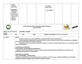 – Present
continuous
- Article A/AN
VOCABULARY
- Tourist places
- Preposition:
Left, right on, in
front of , next to
- Cardinal points
- Verbs of
movement
- Adjectives
- Completar
textos cortos.
- Crear diálogos.
INSTITUCION EDUCATIVA PARA POBLACIONES ESPECIALES
PLAN DE GRADO
ÁREA: LENGUA EXTRANJERA
INGLÉS
SEGUNDO PERIODO
GRADO: 7° I.H.S.: DOS AÑO: DOCENTE FACILITADOR: MARCELA MONTERROZA
ESTANDAR INGLÉS
- Escucho un texto oral y, si me resulta familiar, comprendo la información más importante.
- También sostengo monólogos donde hago presentaciones breves y explico de manera sencilla mis preferencias, actividades
y otros temas relacionados con mi entorno e intereses.
- El lenguaje que domino me permite tratar temas cotidianos o sobre los que tengo conocimiento, pero es normal que cometa
algunos errores básicos.
COMPETENCIAS CIUDADANAS
PARTICIPACIÓN Y RESPONSABILIDAD DEMOCRÁTICA
- Identifico y rechazo las situaciones en las que se vulneran los derechos fundamentales y utilizo formas y mecanismos de
participación democrática en mi medio escolar.
COMPETENCIAS LABORALES
TIPO: INTERPERSONAL - COMUNICACIÓN
- Reconocer y comprender a los otros y expresar ideas y emociones, con el fin de crear y compartir significados, transmitir ideas,
interpretar y procesar conceptos y datos, teniendo en cuenta el contexto.
 