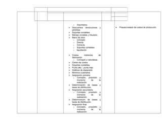 o Importados.
 Descuentos devoluciones y
pérdidas.
 Soportes contables.
 Manejo contable y tributario.
 Mano de obra.
o concepto.
o Directa.
o Indirecta.
o Soportes contables.
o liquidación
 Costos indirectos de
fabricación
o Concepto y naturaleza.
 Centro de costos.
 Soportes contables
 Punto alto – punto bajo
 Gráficos de dispersión
 Mínimos cuadrados
 Asignación primaria
o Concepto, propósito y
momento de la
realización.
 Determinación de bases y
tasas de distribución.
 Asignación secundaria.
o Concepto, propósito y
momento de la
realización.
 Determinación de bases y
tasas de distribución.
 Asignación final.
o Concepto, propósito y
momento de la
realización.
• Prepara estado de costos de producción.
 