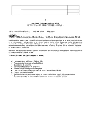 I
ANEXO AL PLAN INTEGRAL DE AREA
ESTRUCTURACION DE CONTENIDOS POR GRADO
AREA: FORMACIÓN TÉCNICA GRADO: ONCE AÑO: 2009
DOCENTES:
DIAGNOSTICO (principales necesidades, intereses y problemas detectados en el grado, para el área):
Los alumnos del grado 11 son jóvenes con un alto nivel de compromiso e interés, se ve la necesidad de trabajar
en la interpretación y comprensión de la norma, púes se puede reflejar bastantes vacíos, son personas
responsables y comprometidos con el trabajo, son jóvenes que trabajan unidos, lo que permite acelerar el
proceso de aprendizaje y lo más importante, es que realizan un trabajo en grupo, que les permite a acercarse a
un proceso de auto aprendizaje
Presentan gran expectativa frente al proceso educativo del año en curso, ya algunos tienen planeado continuar
su proceso de formación en el SENA
ALTERNATIVAS DE SOLUCIÓN DESDE EL ÁREA:
 Lectura y análisis del decreto 2649 de 1993
 Repaso de algunos temas del grado décimo
 Socialización de la norma
 Elaboración de portafolio de evidencia
 Elaboración de talleres y solución en grupo.
 Creación de una empresa y aplicación de los procedimientos contables
 Pruebas escritas individuales.
 Elaboración y presentación de procesos de transformación de la materia prima en productos.
 Charlas dirigidas por funcionarios públicos sobre el tema de contabilidad pública
 