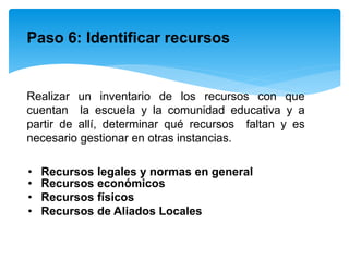 Realizar un inventario de los recursos con que
cuentan la escuela y la comunidad educativa y a
partir de allí, determinar qué recursos faltan y es
necesario gestionar en otras instancias.
Paso 6: Identificar recursos
• Recursos legales y normas en general
• Recursos económicos
• Recursos físicos
• Recursos de Aliados Locales
 