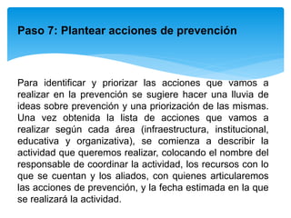 Paso 7: Plantear acciones de prevención
Para identificar y priorizar las acciones que vamos a
realizar en la prevención se sugiere hacer una lluvia de
ideas sobre prevención y una priorización de las mismas.
Una vez obtenida la lista de acciones que vamos a
realizar según cada área (infraestructura, institucional,
educativa y organizativa), se comienza a describir la
actividad que queremos realizar, colocando el nombre del
responsable de coordinar la actividad, los recursos con lo
que se cuentan y los aliados, con quienes articularemos
las acciones de prevención, y la fecha estimada en la que
se realizará la actividad.
 