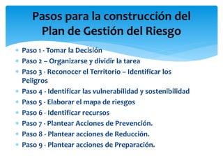  Paso 1 - Tomar la Decisión
 Paso 2 – Organizarse y dividir la tarea
 Paso 3 - Reconocer el Territorio – Identificar los
Peligros
 Paso 4 - Identificar las vulnerabilidad y sostenibilidad
 Paso 5 - Elaborar el mapa de riesgos
 Paso 6 - Identificar recursos
 Paso 7 - Plantear Acciones de Prevención.
 Paso 8 - Plantear acciones de Reducción.
 Paso 9 - Plantear acciones de Preparación.
Pasos para la construcción del
Plan de Gestión del Riesgo
 
