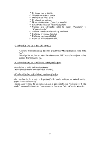 











El tiempo para la familia.
Nos movemos por el centro.
De excursión con la clase.
El saber de las mujeres.
Desmontando mitos. ¿Quién debe estudiar?
Roles tradicionales en función del género.
Cuentos con actividades sobre la mujer: “Pulgarcito” y
“Caperucita roja”.
Modelos de belleza masculinos y femeninos.
Fichas de Diversidad Familiar
Fichas de corresponsabilidad.
Fichas de relaciones familiares.

-Celebración Día de la Paz (30 Enero):
-Concurso de murales a nivel de centro con el tema: “Mujeres Premios Nóbel de la
Paz ”.
-Investigación en Internet sobre los documentos ONU sobre las mujeres en las
guerras, discriminación, etc.

-Celebración Día de la Salud de la Mujer (Mayo)
-La salud de la mujer en los países pobres.
-Salud en los hombres (también deben cuidarse).

-Celebración Día del Medio Ambiente (Junio)
-La contribución de la mujer a la protección del medio ambiente en todo el mundo.
(Dpto. Ciencias Naturales).
-Salida y convivencia de los alumnos/as con el profesorado para “caminata por la vía
verde”, observando el entorno. Departamento de Educación física y Ciencias Naturales.

7

 