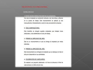 INCENTIVO CUATRO ESTIMA
ESTRATEGIAS
a) BONO MONETARIOS POR METAS ALCANZADAS.
 