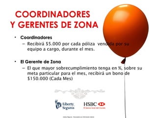 •

Coordinadores
– Recibirá $5.000 por cada póliza vendida por su
equipo a cargo, durante el mes.

•

El Gerente de Zona
– El que mayor sobrecumplimiento tenga en %, sobre su
meta particular para el mes, recibirá un bono de
$150.000 (Cada Mes)

Liberty Seguros - Documento con información Interna

 