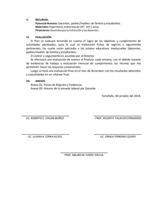 V. RECURSOS:
Potencial Humano: Docentes, padres/madres de familia y estudiantes.
Materiales:Papel bond,ambientesde CRT- AIP y aulas.
Financieros:AsumidosporlaInstituciónylosdocentes.
VI. EVALUACIÓN:
El Plan se evaluará teniendo en cuenta el logro de los objetivos y cumplimiento de
actividades planteadas, para lo cual se elaborarán fichas de registro y seguimiento
pertinentes, los cuales serán aplicados a los actores educativos involucrados (docentes,
padres/madres de familia y estudiantes).
El control y seguimiento es asumido por el Director.
Se efectuará una evaluación de avance al finalizar cada semana, con el debido reporte
de evidencias de trabajo y evaluación mensual de cumplimiento, las mismas que nos
permitirán hacer los reajustes convenientes.
Luego se hará una evaluación final en el mes de diciembre; con los resultados obtenidos
y consolidados en un informe final.
VII. ANEXOS
Anexo 01: Fichas de Registro y Evidencias
Anexo 02: Horario de la Jornada laboral por Docente
Ferreñafe, 06 octubre del 2014.
_______________________________ _______________________________
LIC. ROBERTO C. CHILON MUÑOZ PROF. WILDER R. PALACIOSFERNANDEZ
_______________________________ _______________________________
LIC. LILIANA A.CERNA ALEJOS LIC. ERMILA TERRONES QUISPE
_______________________________
PROF. MAURO M. CHERO DÁVILA
 