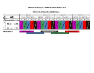 ANEXO 02: HORARIO DE LA JORNADA LABORAL POR DOCENTE
DÍA MIÉRC. MIÉRC. MIÉRC. MIÉRC.
GRADO
HORA CRONOLÓGICA 1° 3° 1° 2° 3° 2° 4° 2° 3° 4° 5° 1° 3° 1° 5° 5° 2° 5° 4° 5°
EDUC.PARAELTRAB.
HORARIODE CLASESPORINCREMENTO2014
CIENC.,TEC.YAMB.
EDUC.PARAELTRAB.
HIST.,GEOG.YECON.
EDUC.FÍSICA
MATEMÁTICA
CIENC.,TEC.YAMB.
LUNES MARTES LUNES MARTES LUNES MARTES
SEMANA I SEMANA II SEMANA III SEMANA IV
HIST.,GEOG.YECON.
EDUC.FÍSICA
MATEMÁTICA
CIENC.,TEC.YAMB.
EDUC.PARAELTRAB.
HIST.,GEOG.YECON.
EDUC.FÍSICA
MATEMÁTICA
EDUC.PARAELTRAB.
HIST.,GEOG.YECON.
EDUC.FÍSICA
MATEMÁTICA
CIENC.,TEC.YAMB.
HORA
PEDAGÓGIC.
LUNES MARTES
1°
15:30 ~ 16:15
2°
16:15 ~ 17:00
PROFESORES: CHILÓN MUÑOZ, Roberto PALACIOS FERNANDEZ, Wilder Raul CERNA ALEJOS, Liliana
EDUC.PARAELTRAB.
CHERO DÁVILA, Mauro MacielTERRONES QUISPE, Ermila
CIENC.,TEC.YAMB.
EDUC.PARAELTRAB.
HIST.,GEOG.YECON.
EDUC.FÍSICA
MATEMÁTICA
CIENC.,TEC.YAMB.
HIST.,GEOG.YECON.
EDUC.FÍSICA
MATEMÁTICA
CIENC.,TEC.YAMB.
EDUC.PARAELTRAB.
HIST.,GEOG.YECON.
EDUC.FÍSICA
MATEMÁTICA
EDUC.PARAELTRAB.
HIST.,GEOG.YECON.
EDUC.FÍSICA
MATEMÁTICA
CIENC.,TEC.YAMB.
 